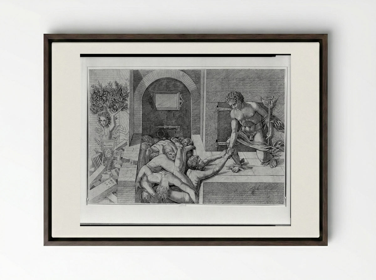 Ignorance and Mercury: An Allegory of Virtue and Vice (Lower Half) - Andrea Mantegna - Framed Canvas Dark Wood