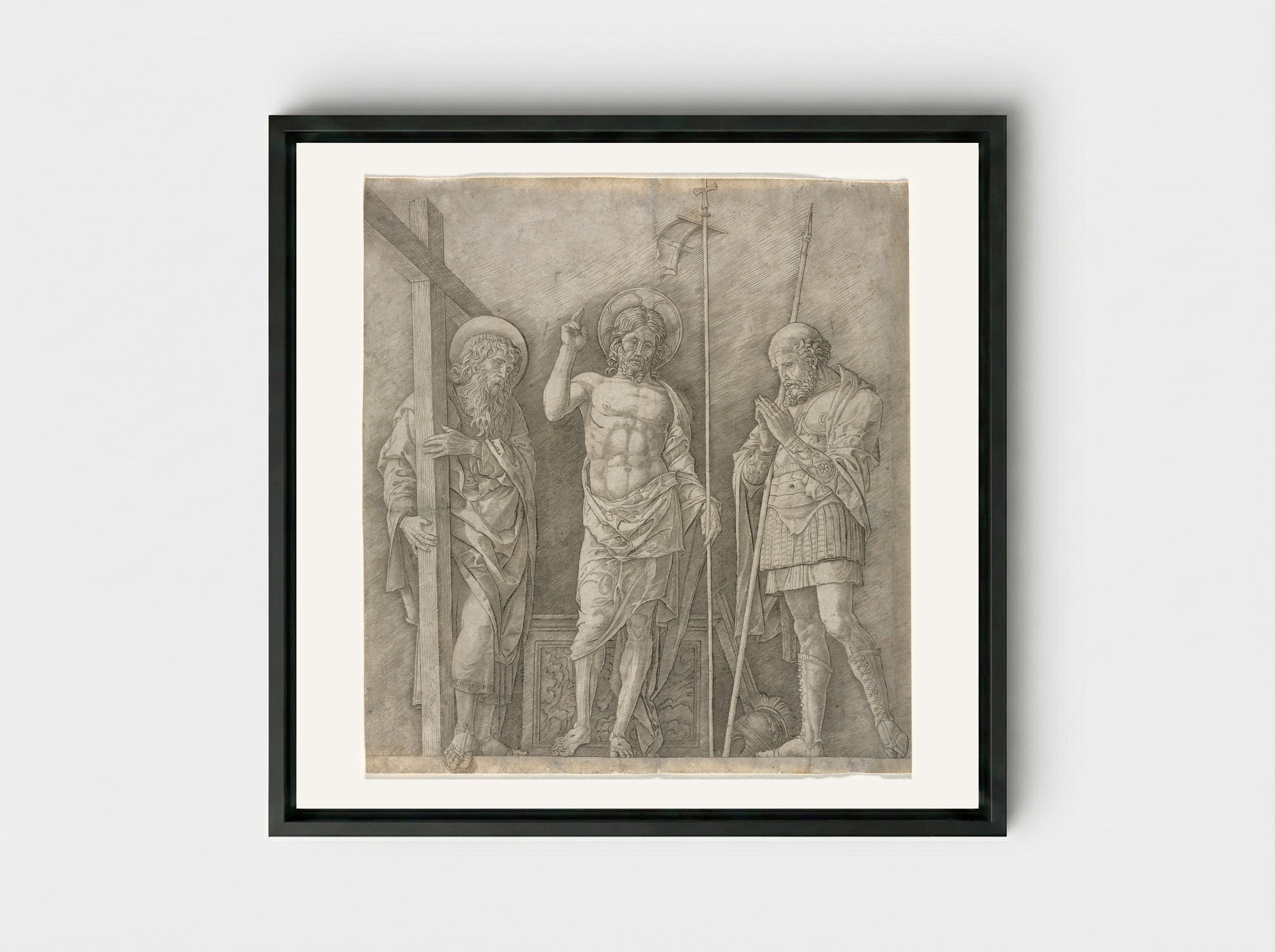 Risen Christ between Saint Andrew and Saint Longinus - Andrea Mantegna - Framed Canvas Black