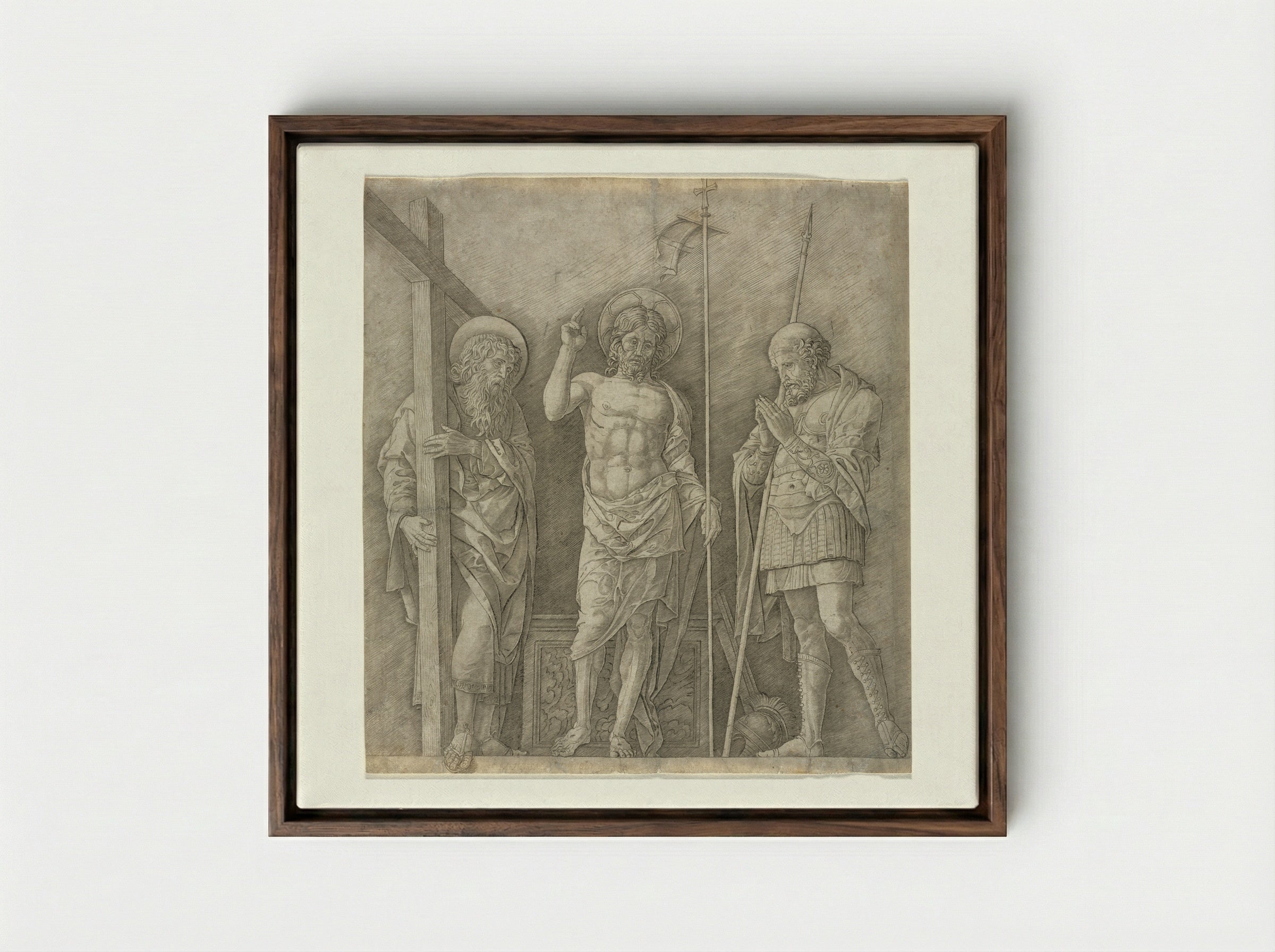 Risen Christ between Saint Andrew and Saint Longinus - Andrea Mantegna - Framed Canvas Dark Wood
