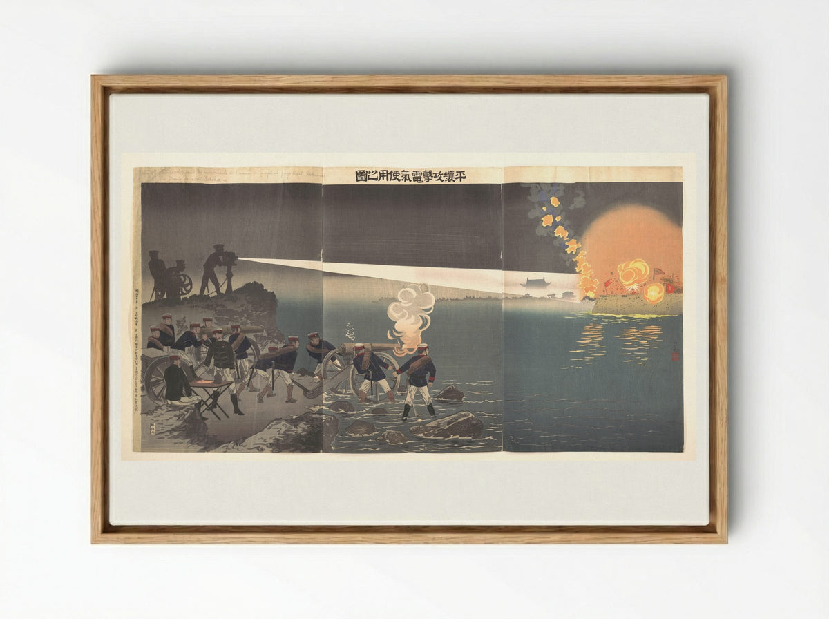 Use of Electricity during the Siege of Pyongyang - Kobayashi Kiyochika - Framed Canvas Wood