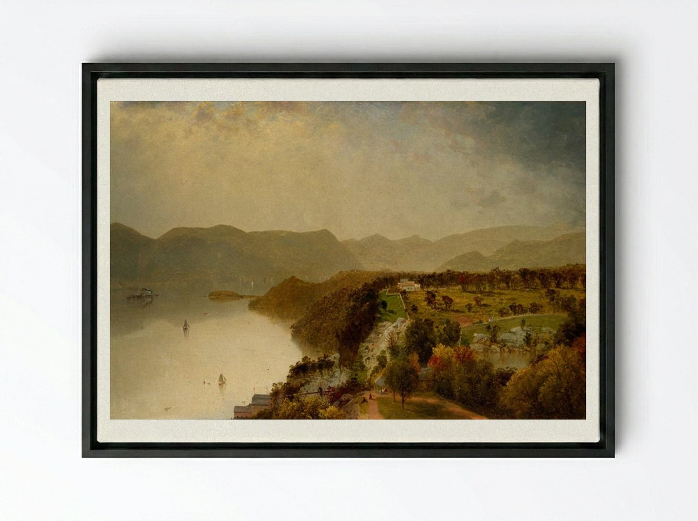 View from Cozzen's Hotel near West Point, N.Y. - John Frederick Kensett - Framed Canvas Black