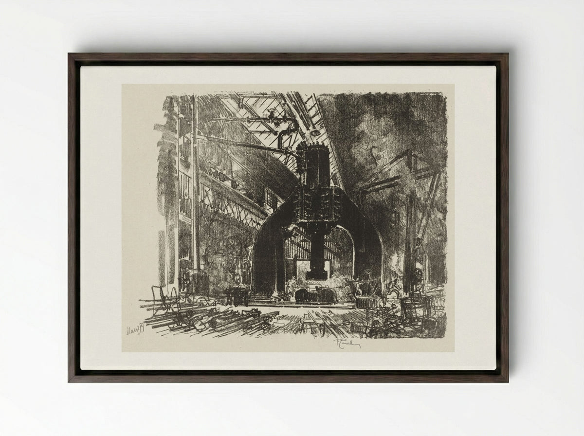 English War Work: The Great Hammer - Joseph Pennell - Framed Canvas Dark Wood