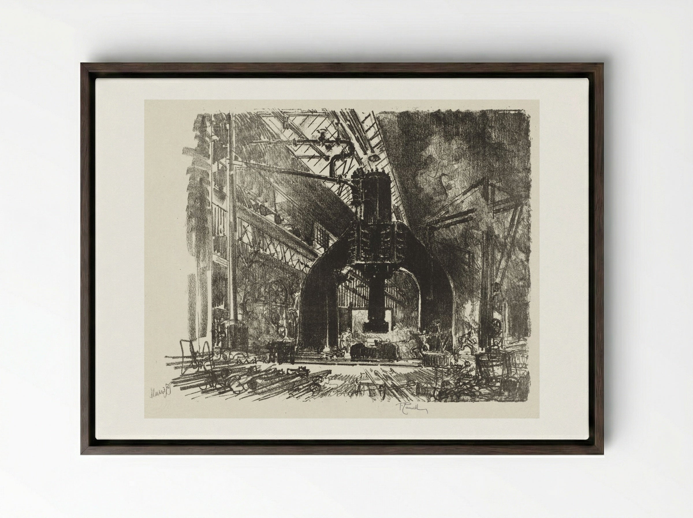 English War Work: The Great Hammer - Joseph Pennell - Framed Canvas Dark Wood
