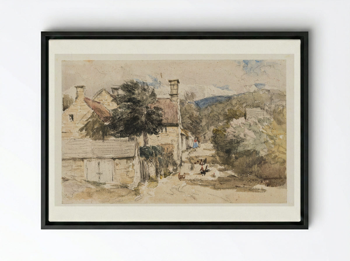 A Village Street in Wales - David Cox - Framed Canvas Black