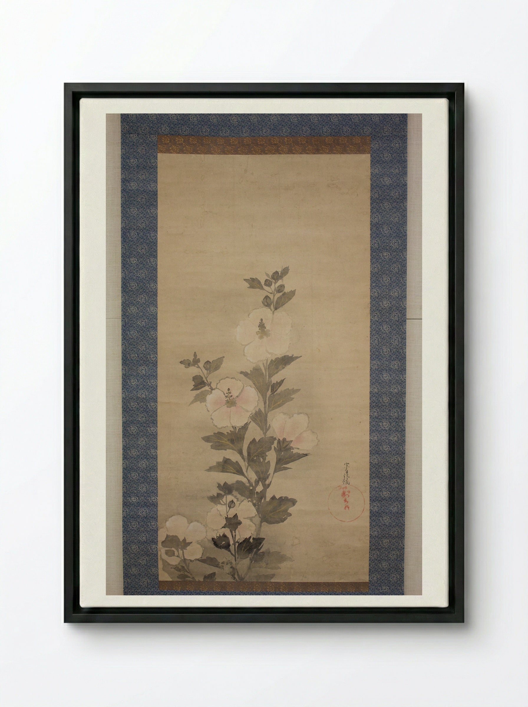 White Hollyhocks - Tawaraya Sōtatsu - Framed Canvas Black