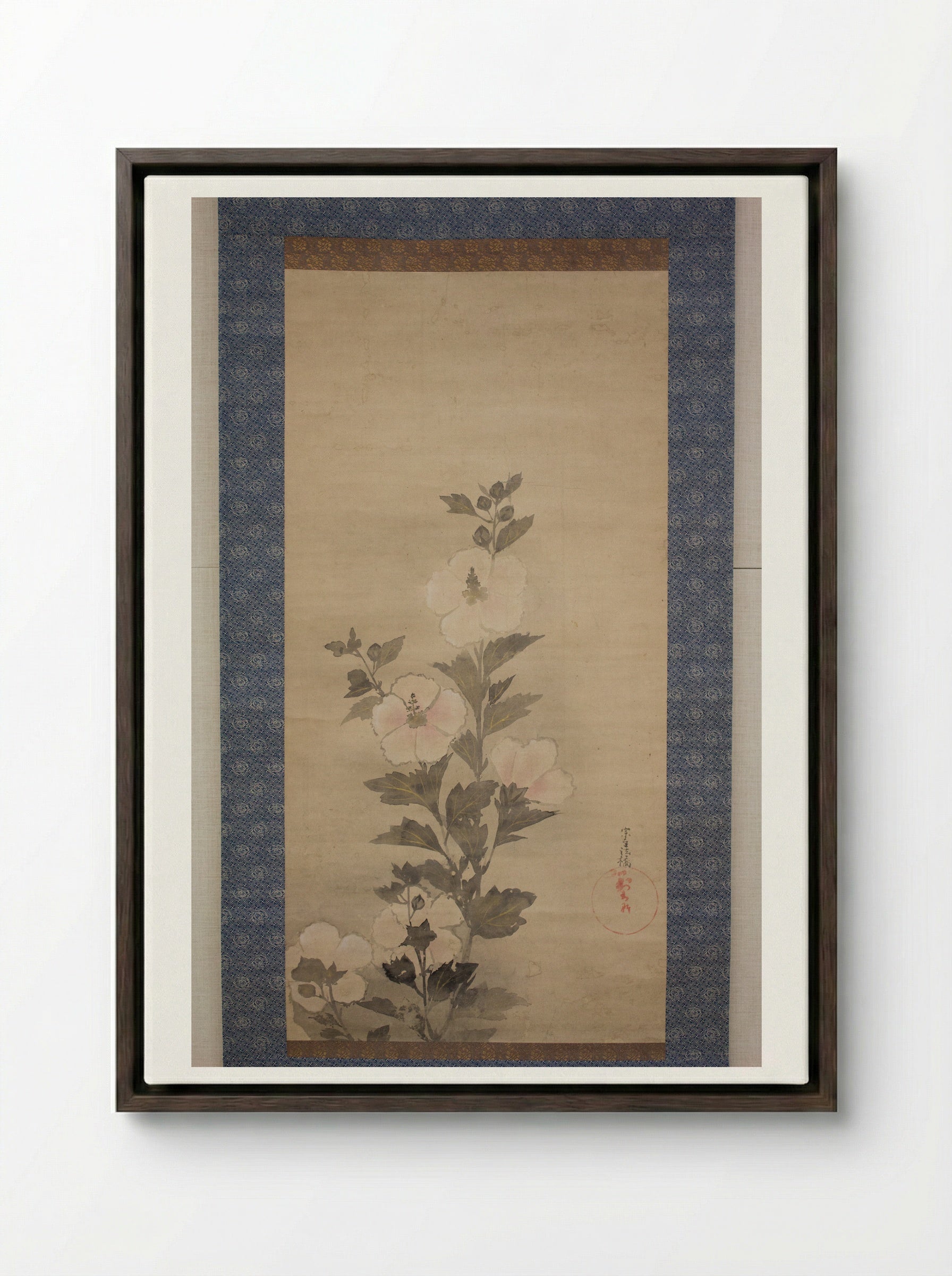 White Hollyhocks - Tawaraya Sōtatsu - Framed Canvas Dark Wood