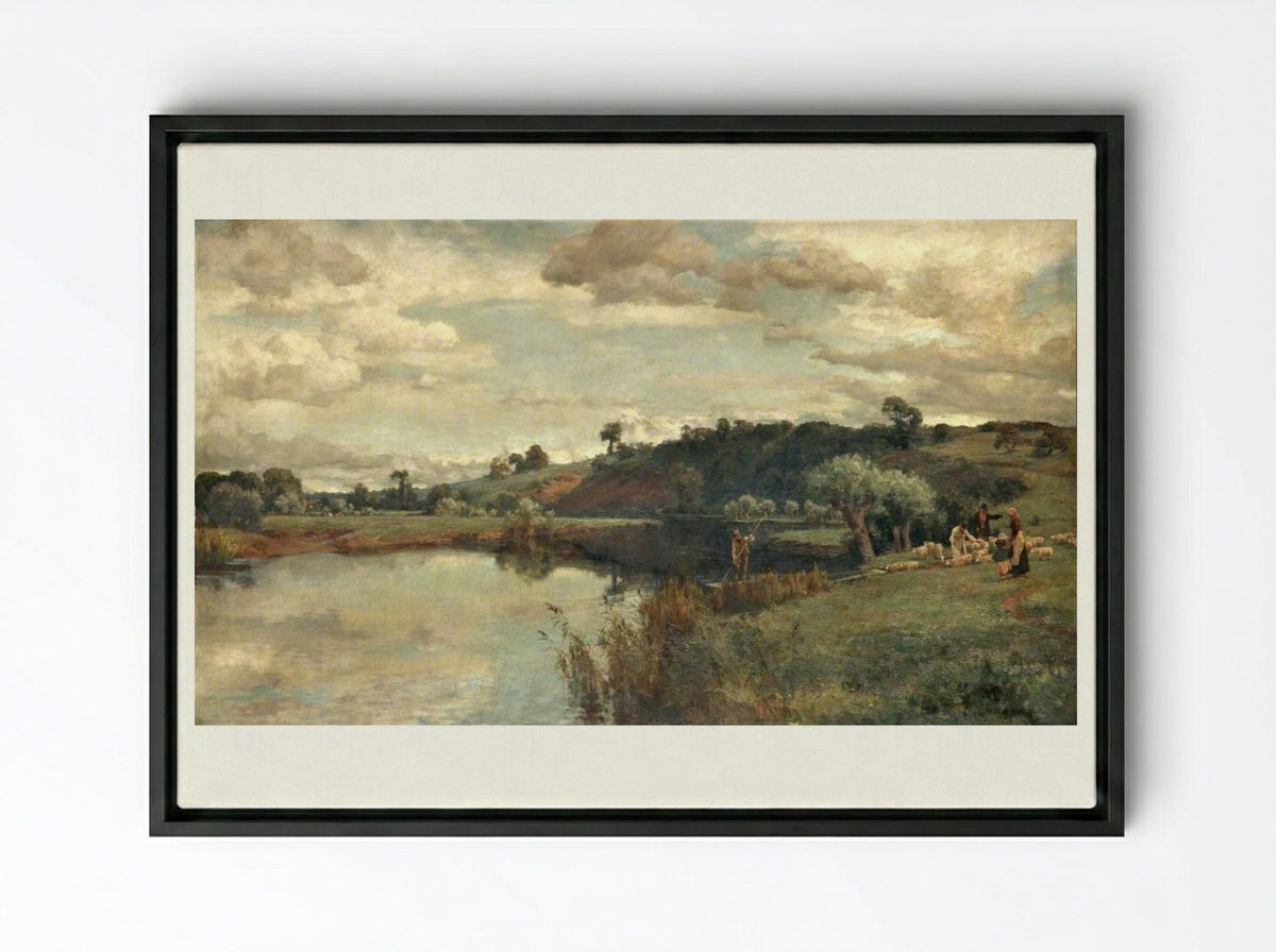 River Scene with a Shepherd and Sheep by a Ferry - Alfred Parsons - Framed Canvas Black