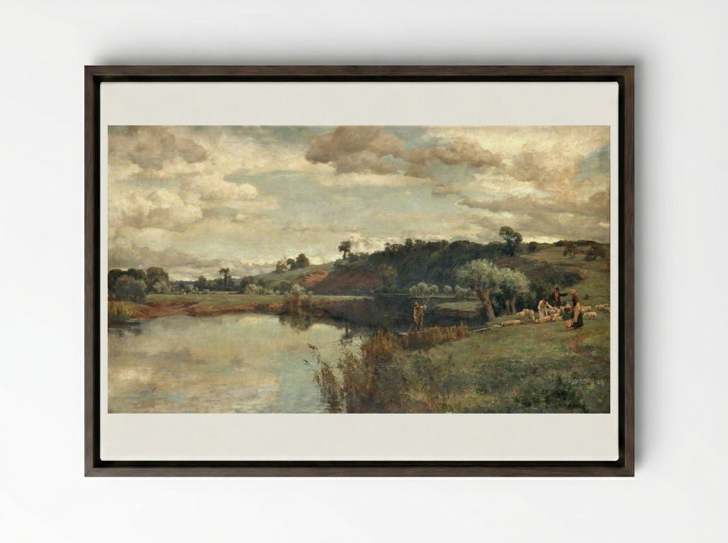 River Scene with a Shepherd and Sheep by a Ferry - Alfred Parsons - Framed Canvas Dark Wood