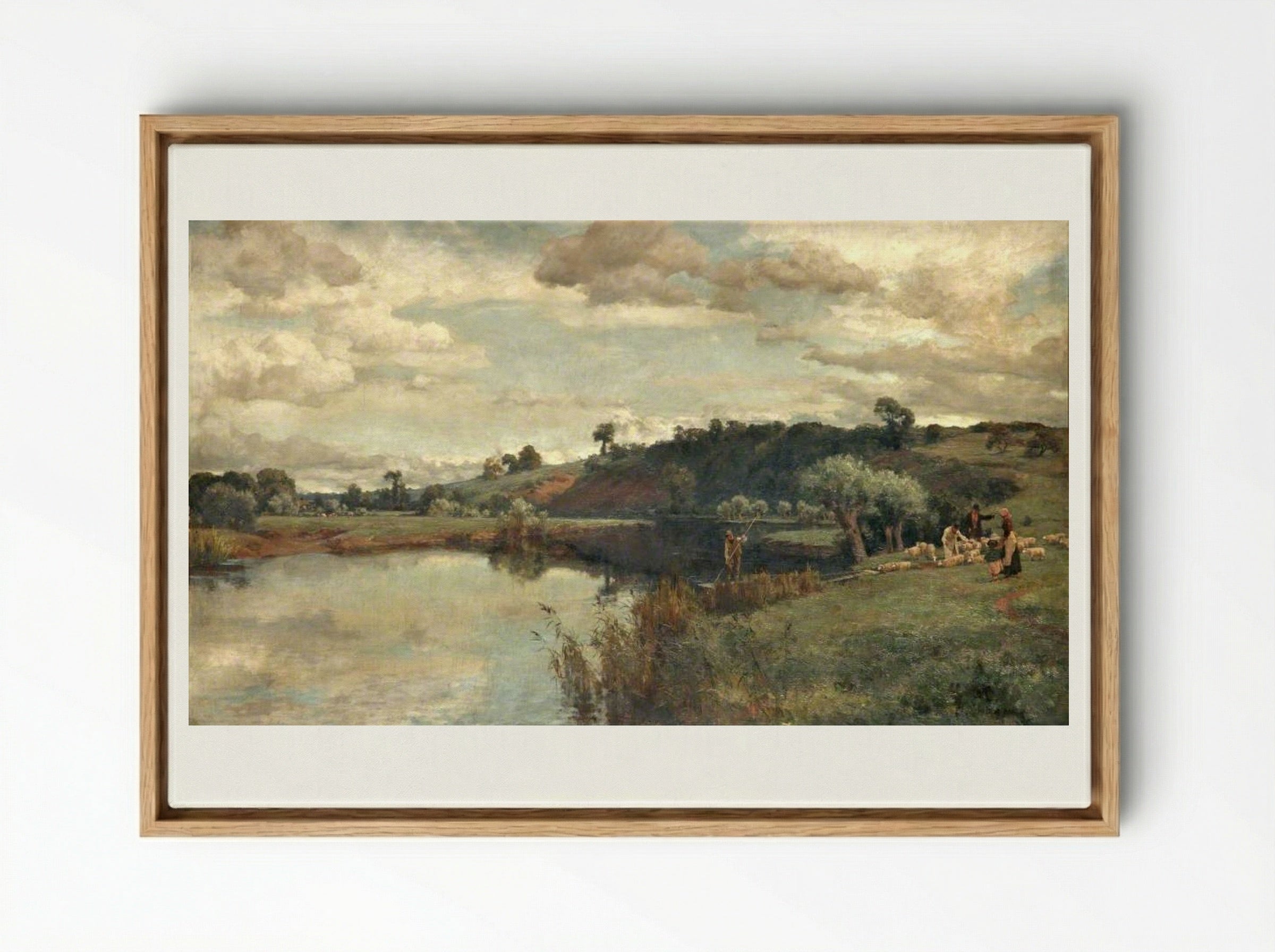 River Scene with a Shepherd and Sheep by a Ferry - Alfred Parsons - Framed Canvas Wood