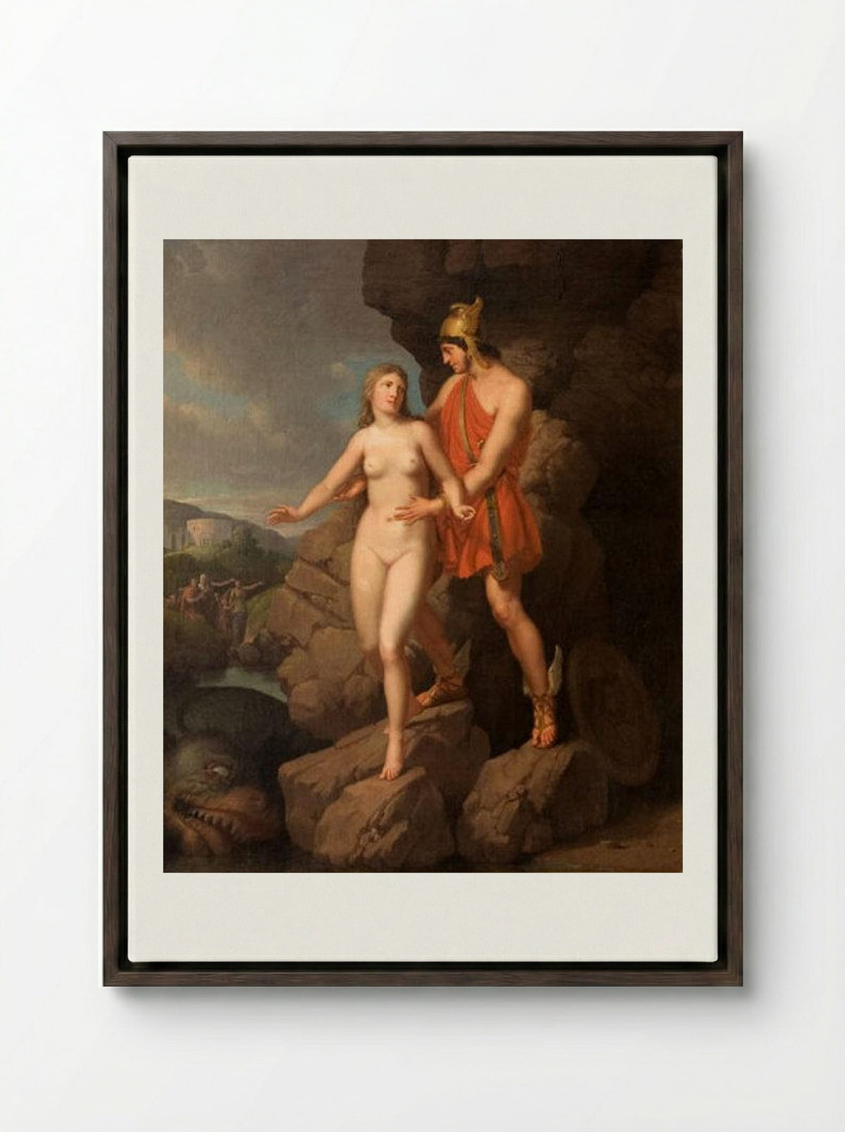 Perseus Delivering Andromeda - Christoffer Wilhelm Eckersberg - Framed Canvas Dark Wood