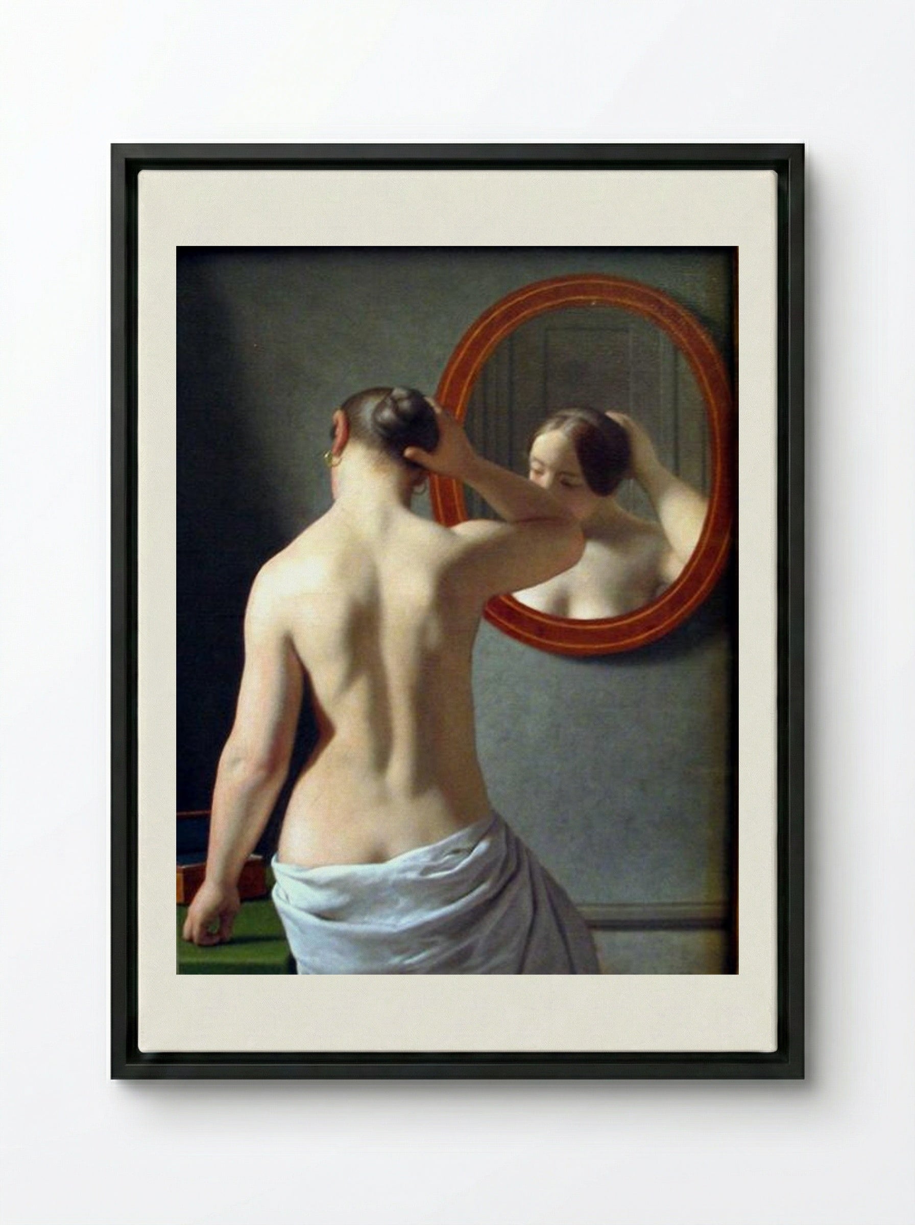 Woman Standing in Front of a Mirror - Christoffer Wilhelm Eckersberg - Framed Canvas Black