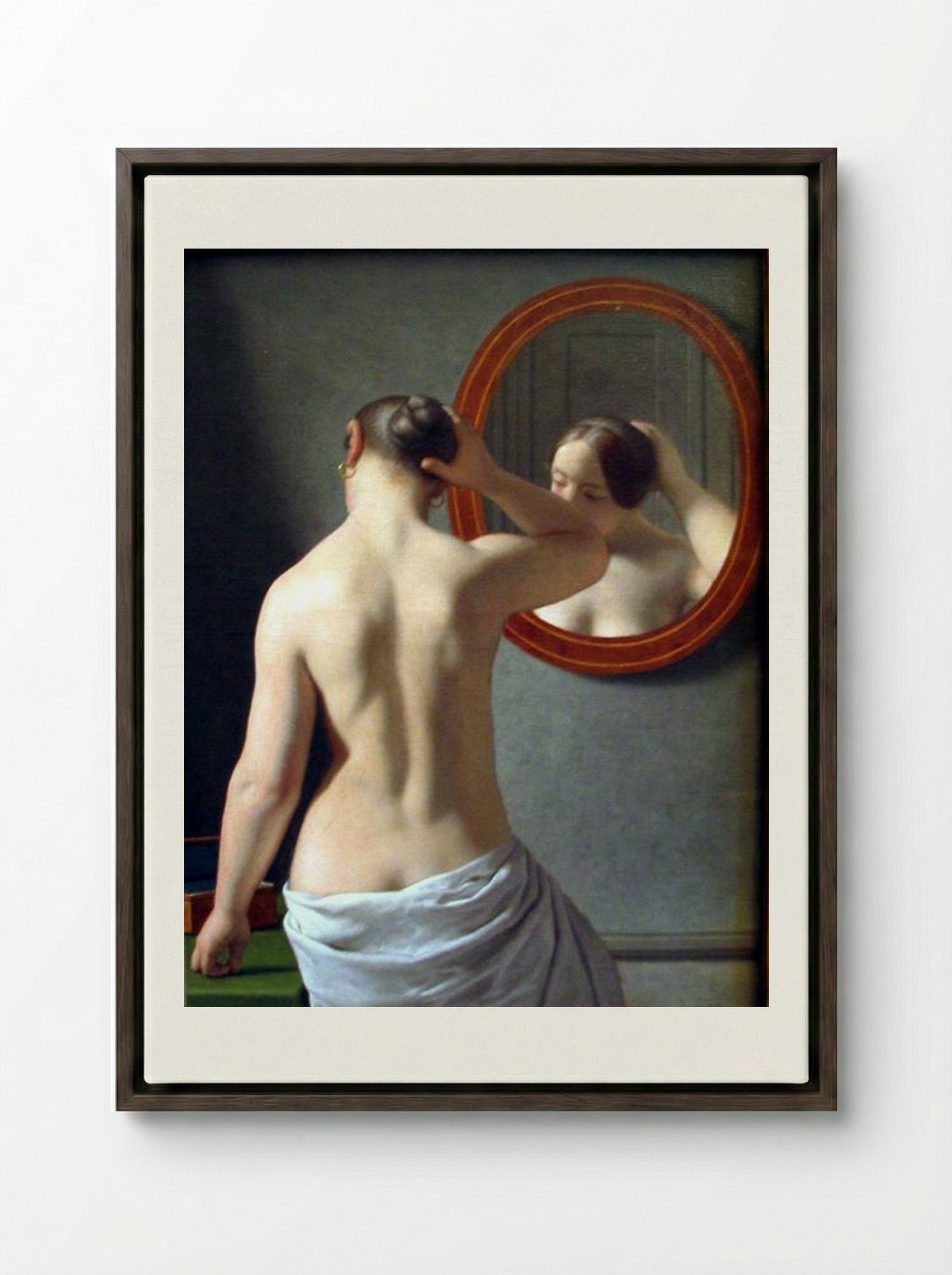 Woman Standing in Front of a Mirror - Christoffer Wilhelm Eckersberg - Framed Canvas Dark Wood