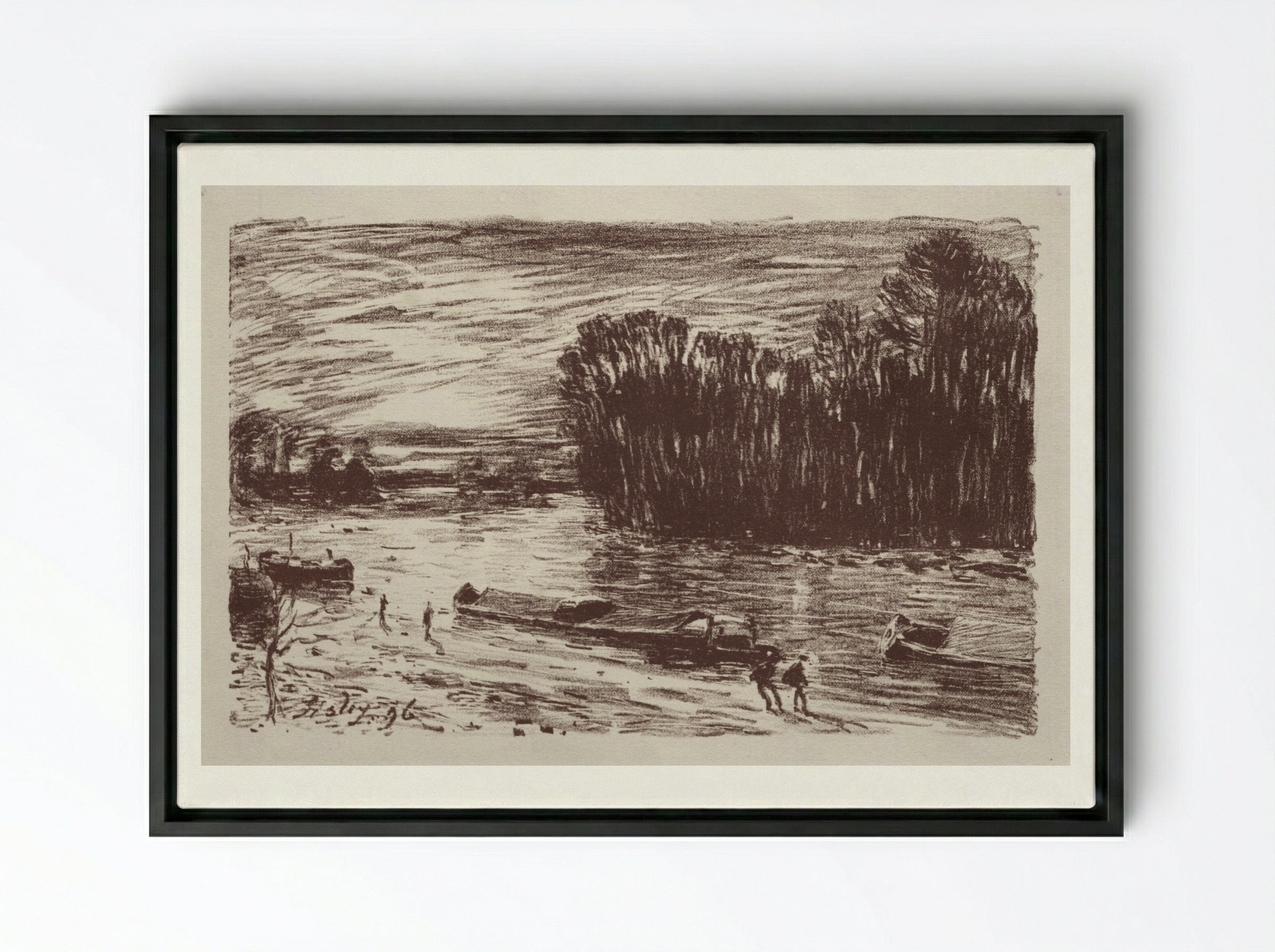On the Banks of the Loing - Alfred Sisley - Framed Canvas Black