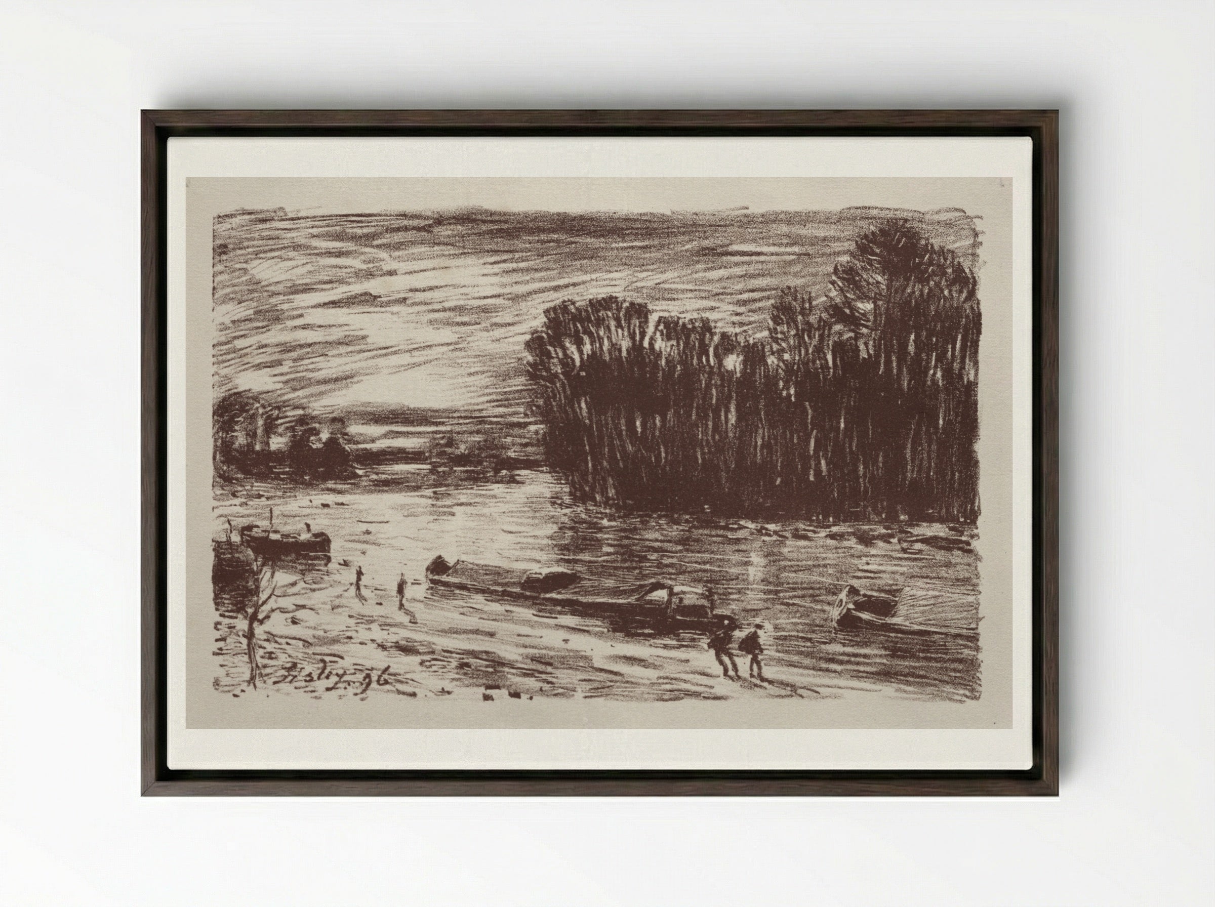 On the Banks of the Loing - Alfred Sisley - Framed Canvas Dark Wood