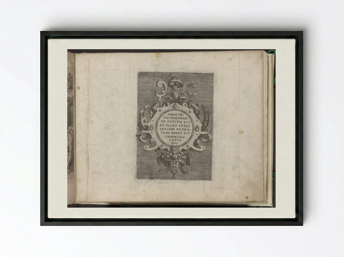 Cartouche with Text from the Book of Wisdom - Gerard de Jode - Framed Canvas Black
