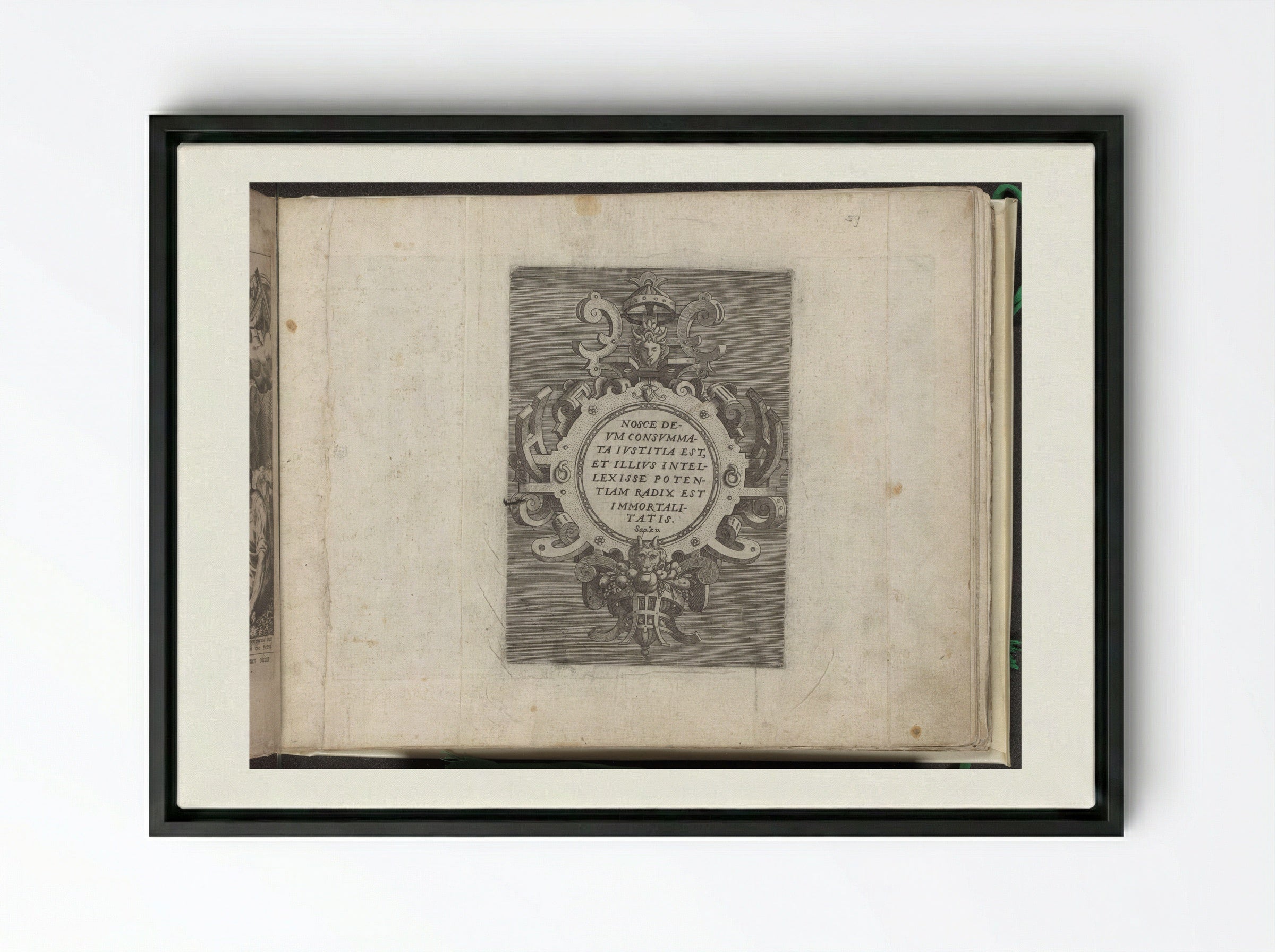 Cartouche with Text from the Book of Wisdom - Gerard de Jode - Framed Canvas Black