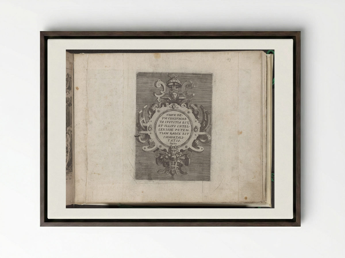 Cartouche with Text from the Book of Wisdom - Gerard de Jode - Framed Canvas Dark Wood