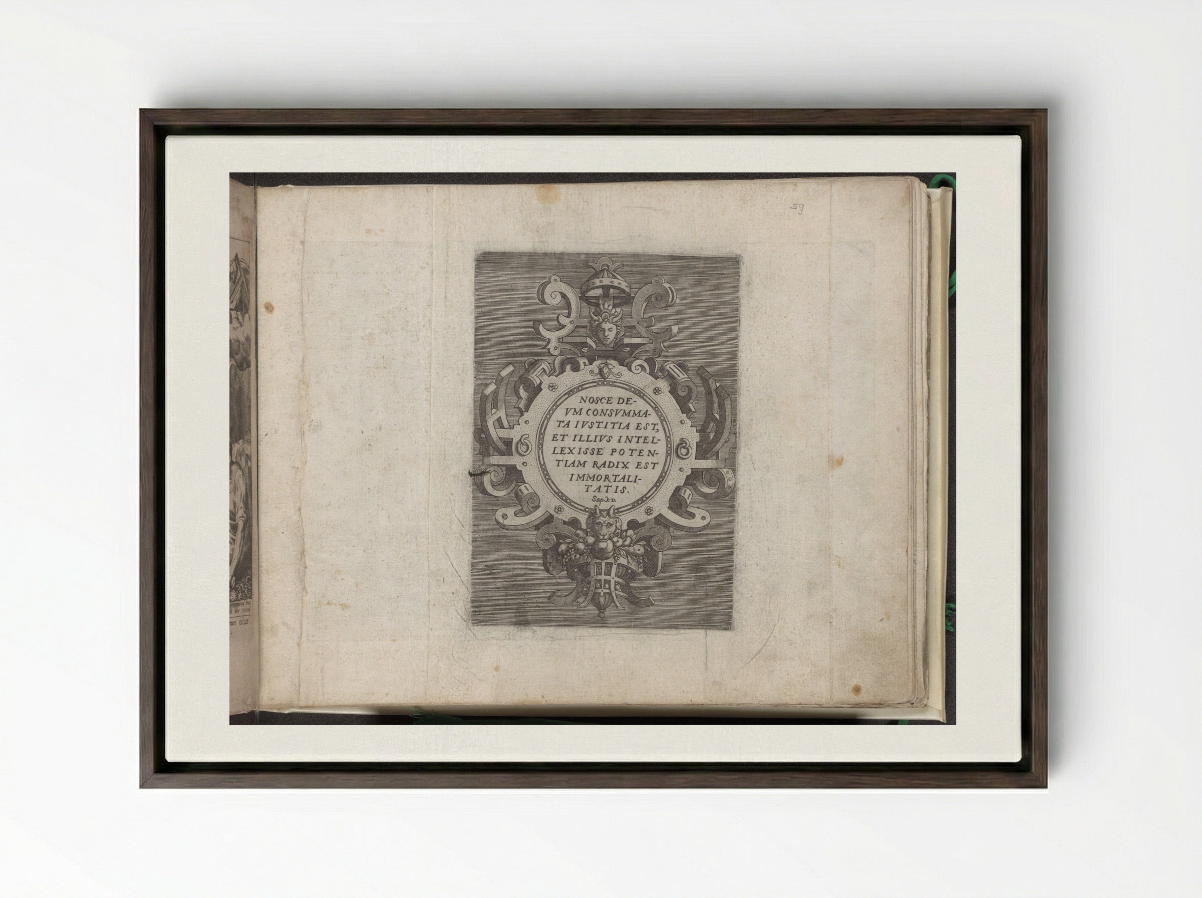 Cartouche with Text from the Book of Wisdom - Gerard de Jode - Framed Canvas Dark Wood