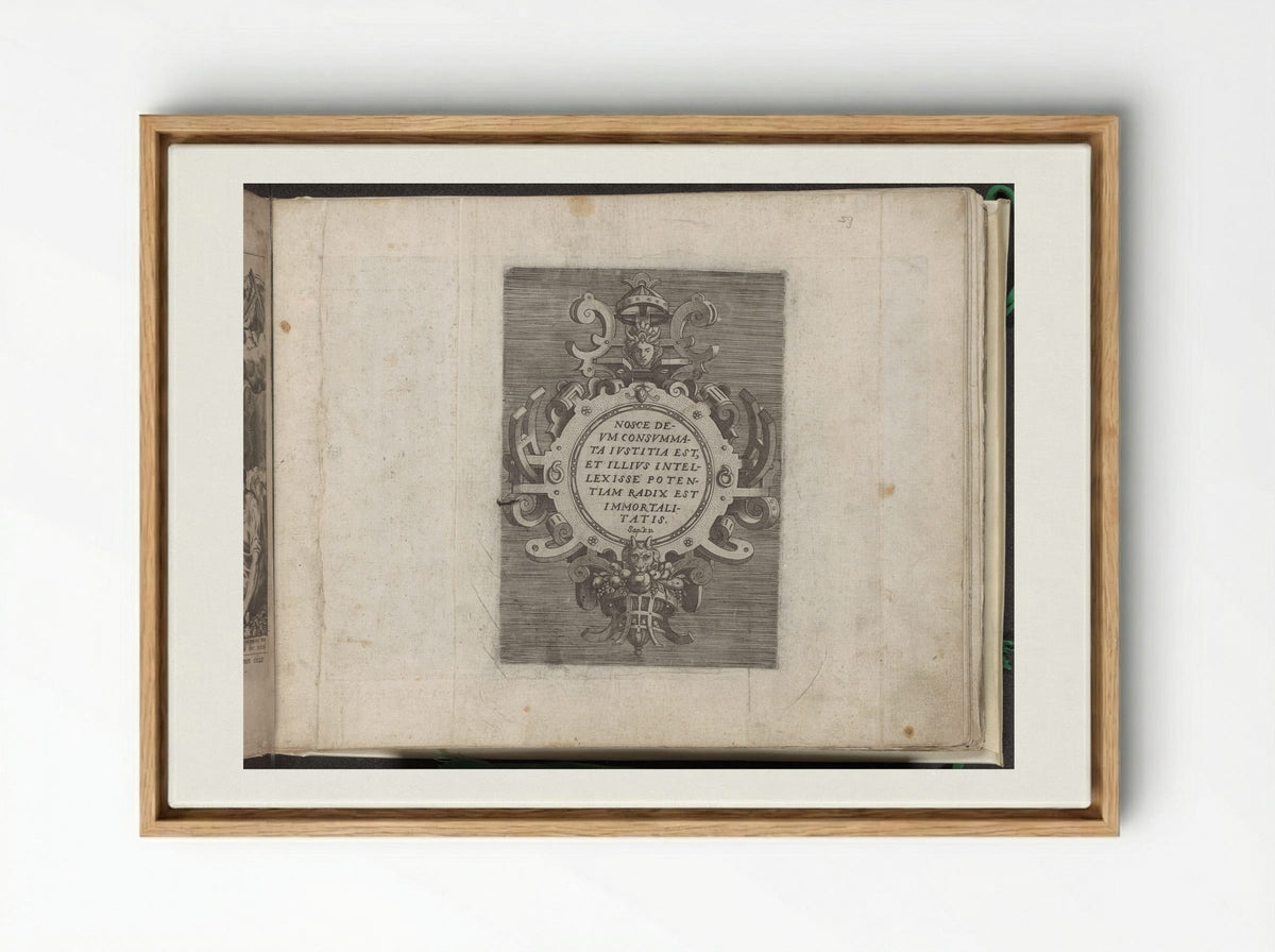 Cartouche with Text from the Book of Wisdom - Gerard de Jode - Framed Canvas Wood