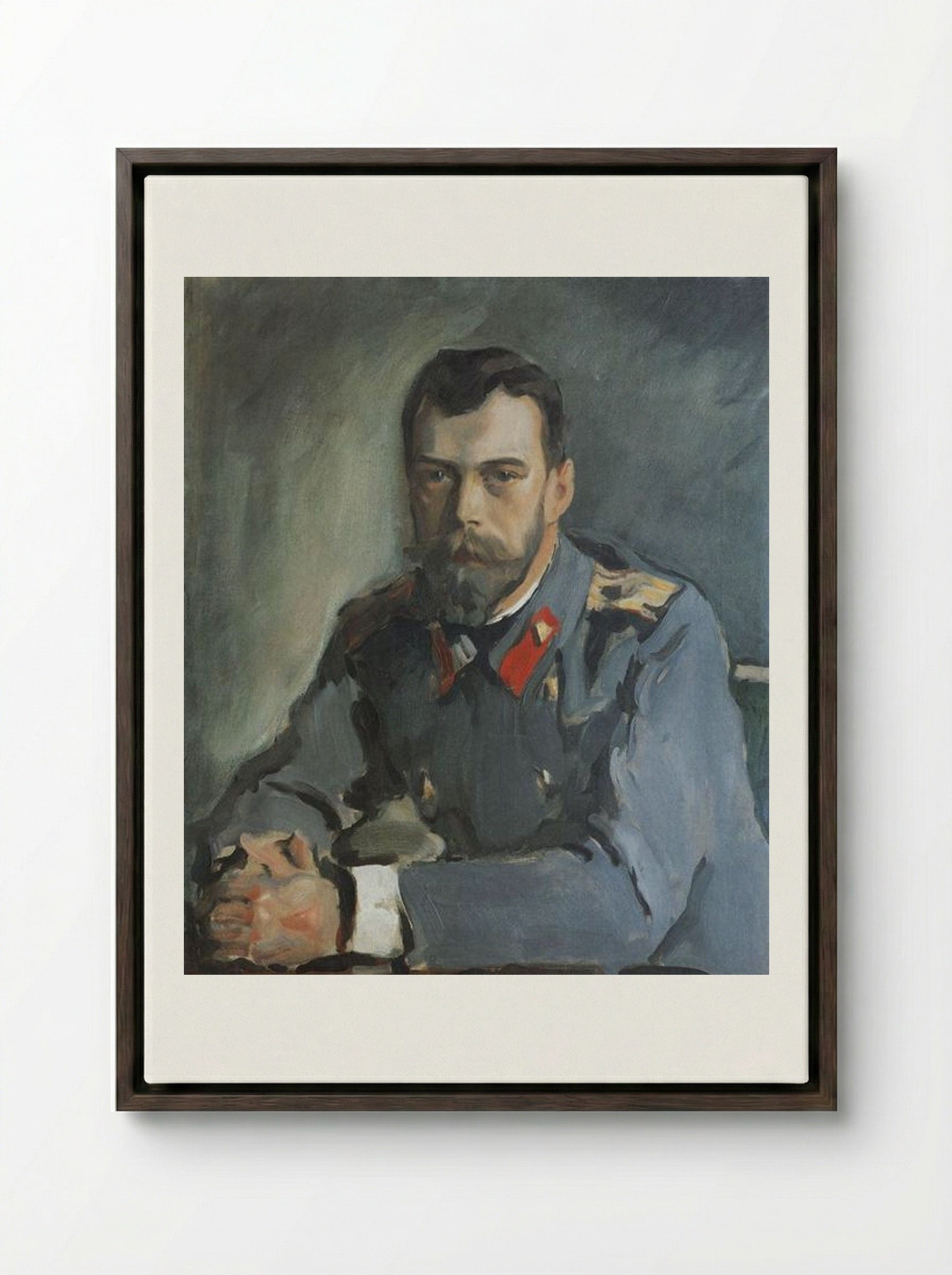 Portrait of Emperor Nicholas II - Valentin Serov - Framed Canvas Dark Wood