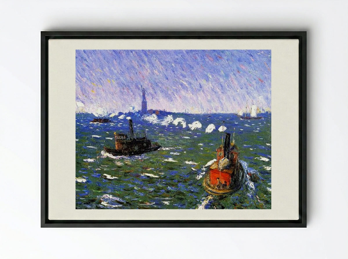 Breezy Day, Tugboats, New York Harbor - William James Glackens - Framed Canvas Black