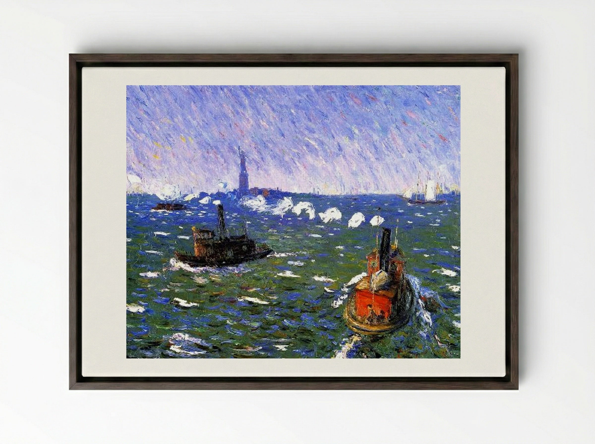 Breezy Day, Tugboats, New York Harbor - William James Glackens - Framed Canvas Dark Wood