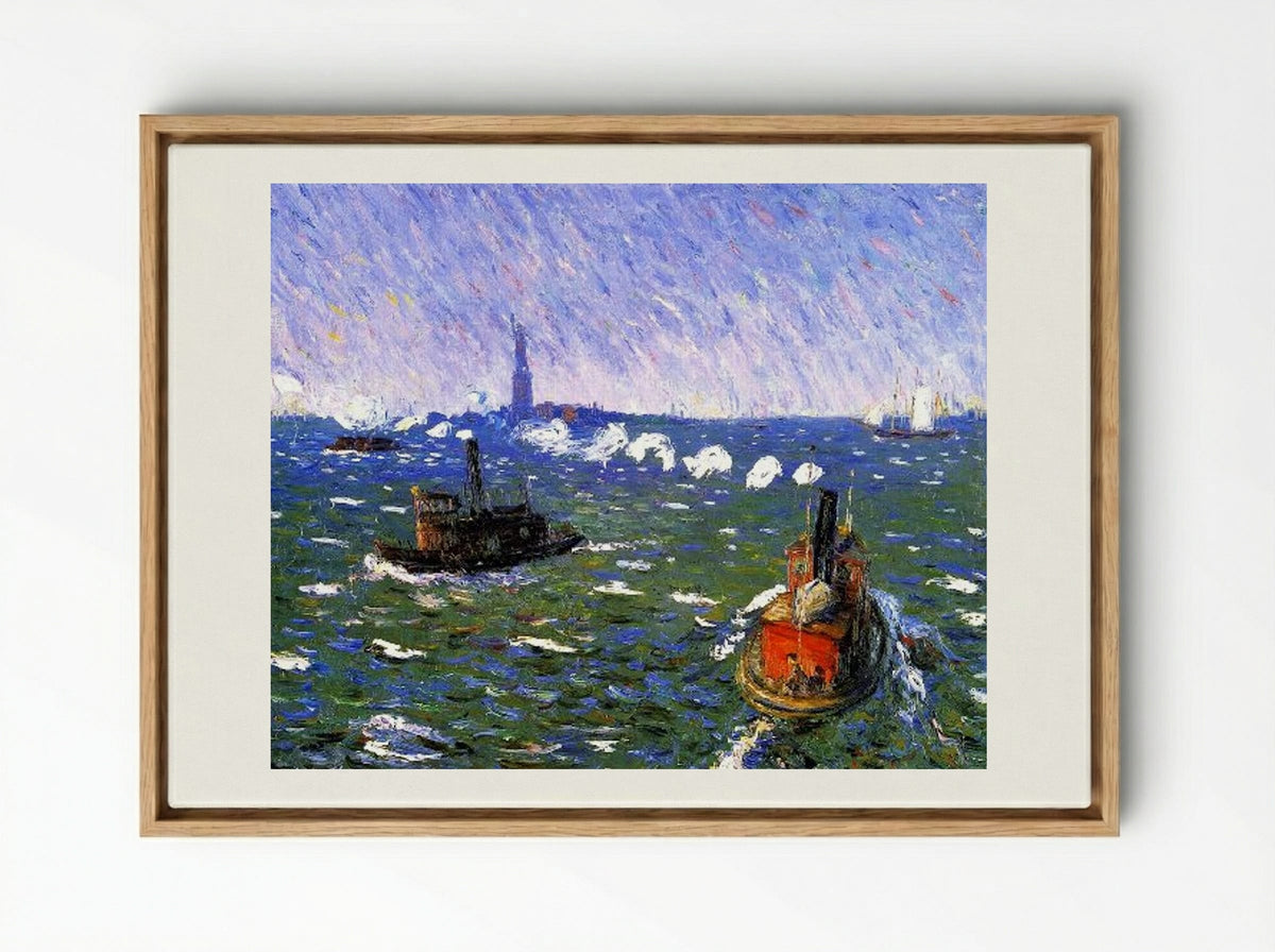 Breezy Day, Tugboats, New York Harbor - William James Glackens - Framed Canvas Wood