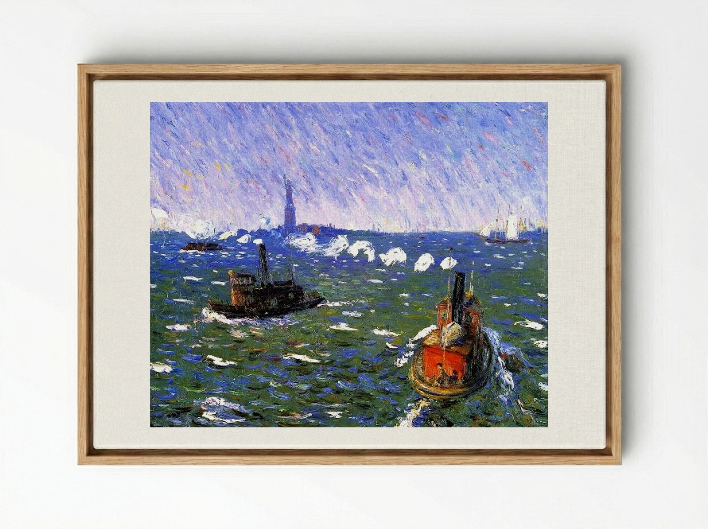 Breezy Day, Tugboats, New York Harbor - William James Glackens - Framed Canvas Wood