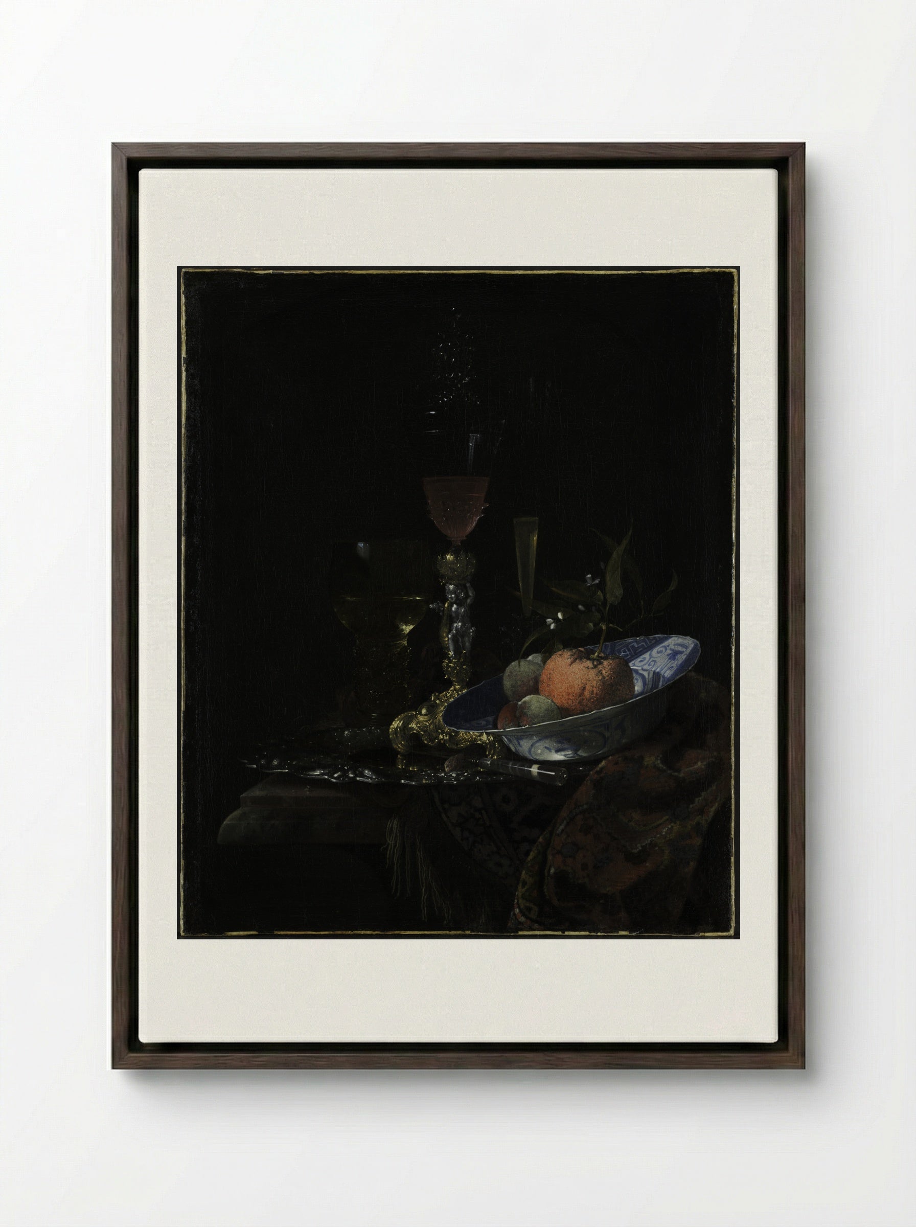 Still-Life with Chinese Porcelain Bowl - Willem Kalf - Framed Canvas Dark Wood