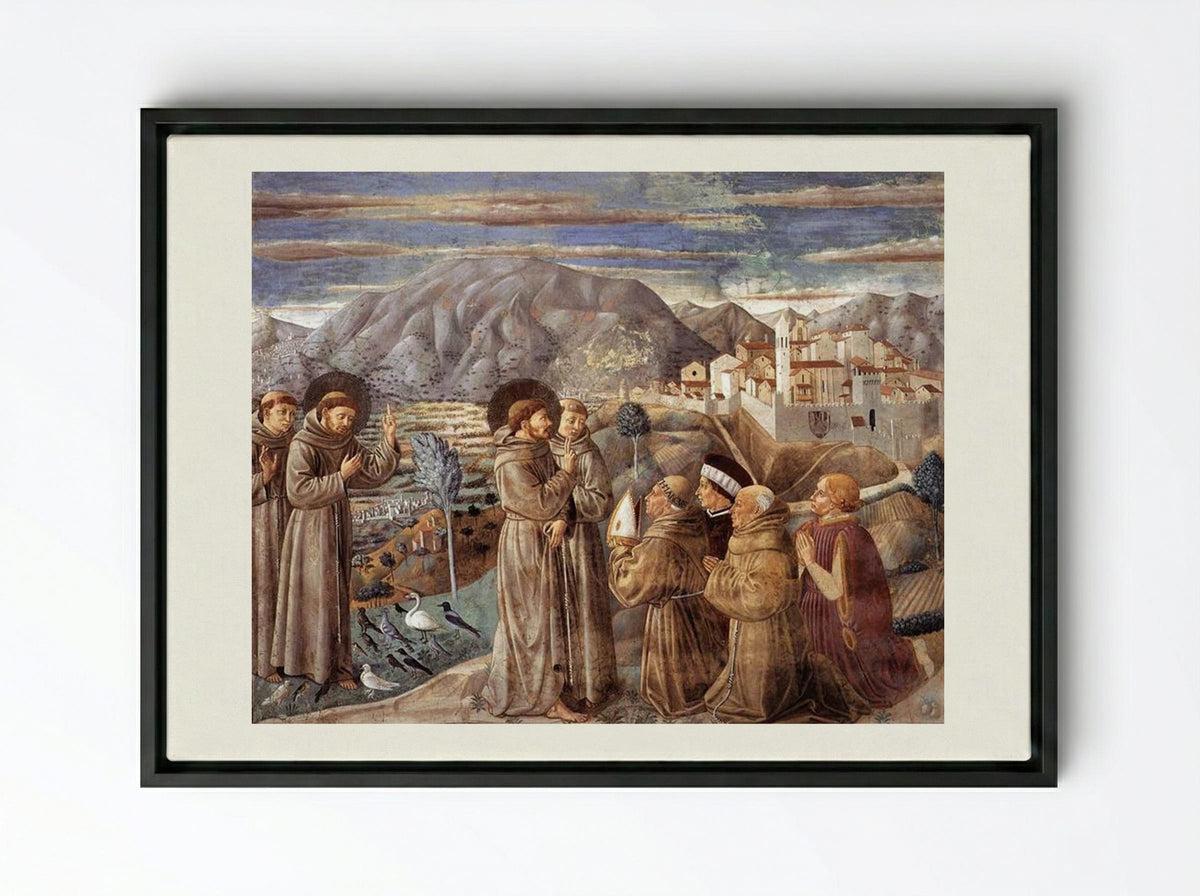 Preaching to the Birds and Blessing Montefalco - Benozzo Gozzoli - Framed Canvas Black
