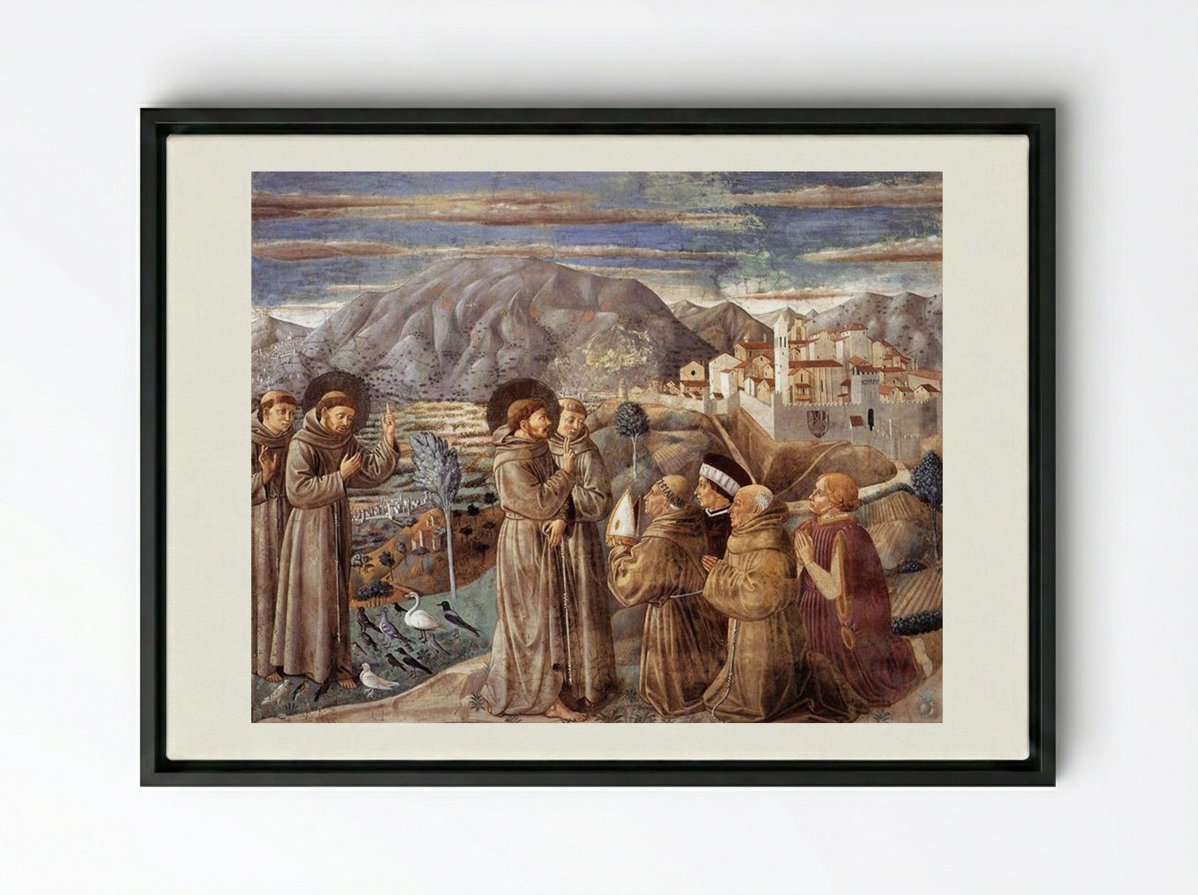 Preaching to the Birds and Blessing Montefalco - Benozzo Gozzoli - Framed Canvas Black