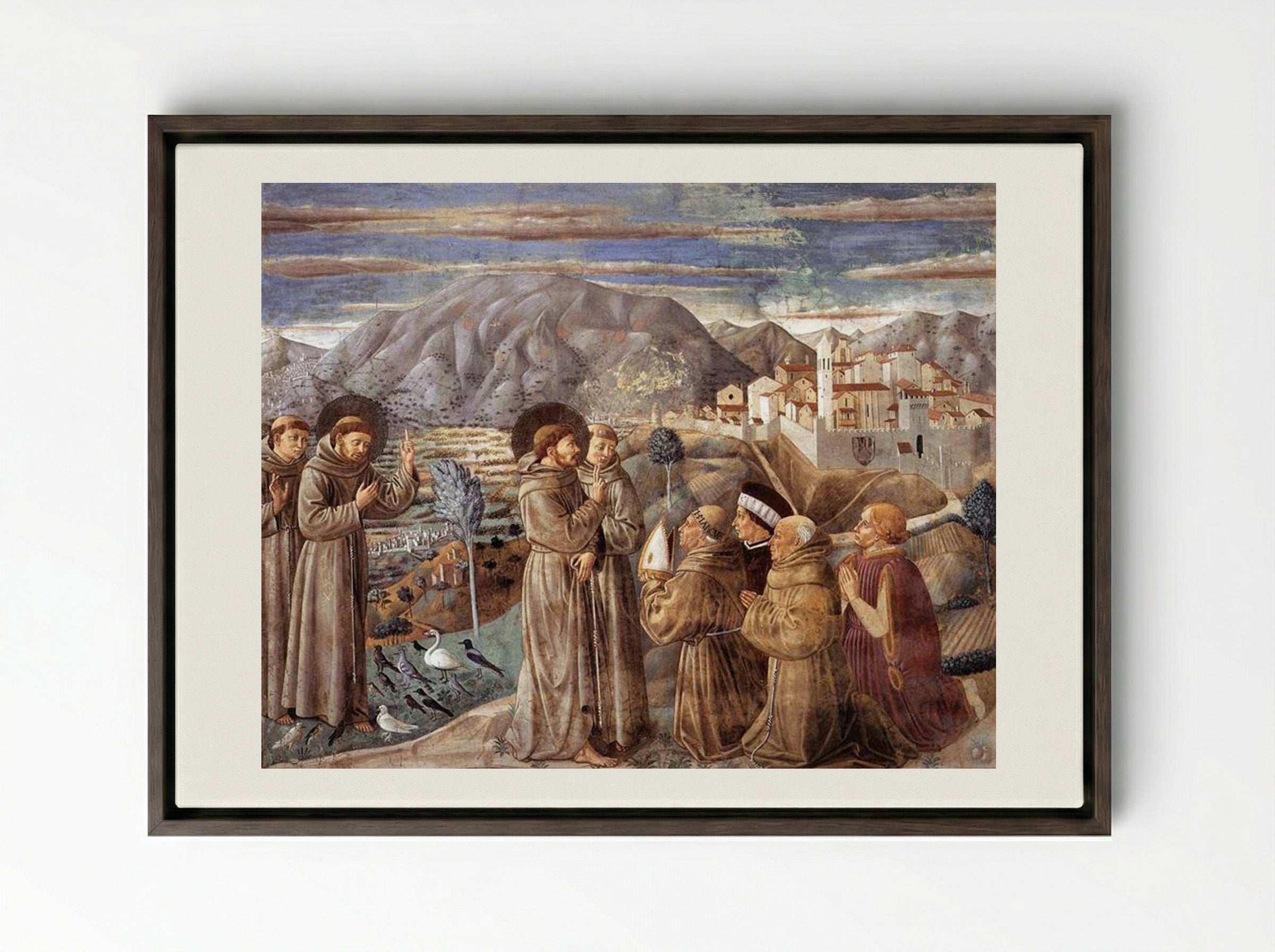 Preaching to the Birds and Blessing Montefalco - Benozzo Gozzoli - Framed Canvas Dark Wood