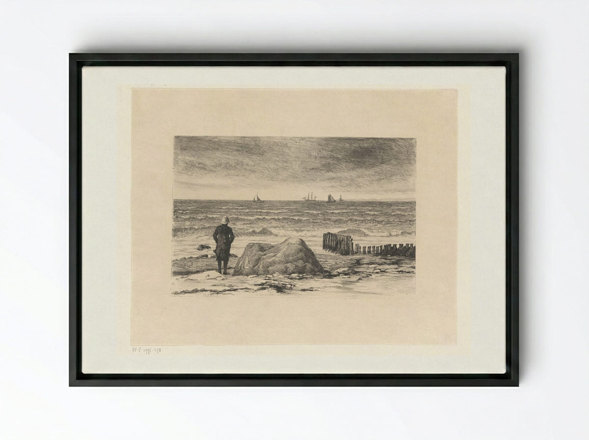 Kustwachter, uitkijkend over woelig water - Carl Bloch - Framed Canvas Black