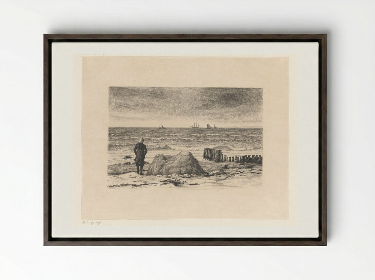 Kustwachter, uitkijkend over woelig water - Carl Bloch - Framed Canvas Dark Wood