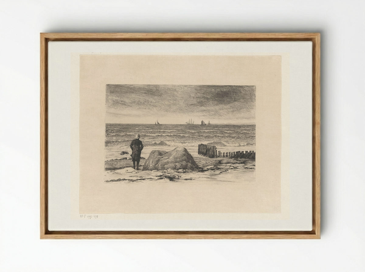 Kustwachter, uitkijkend over woelig water - Carl Bloch - Framed Canvas Wood