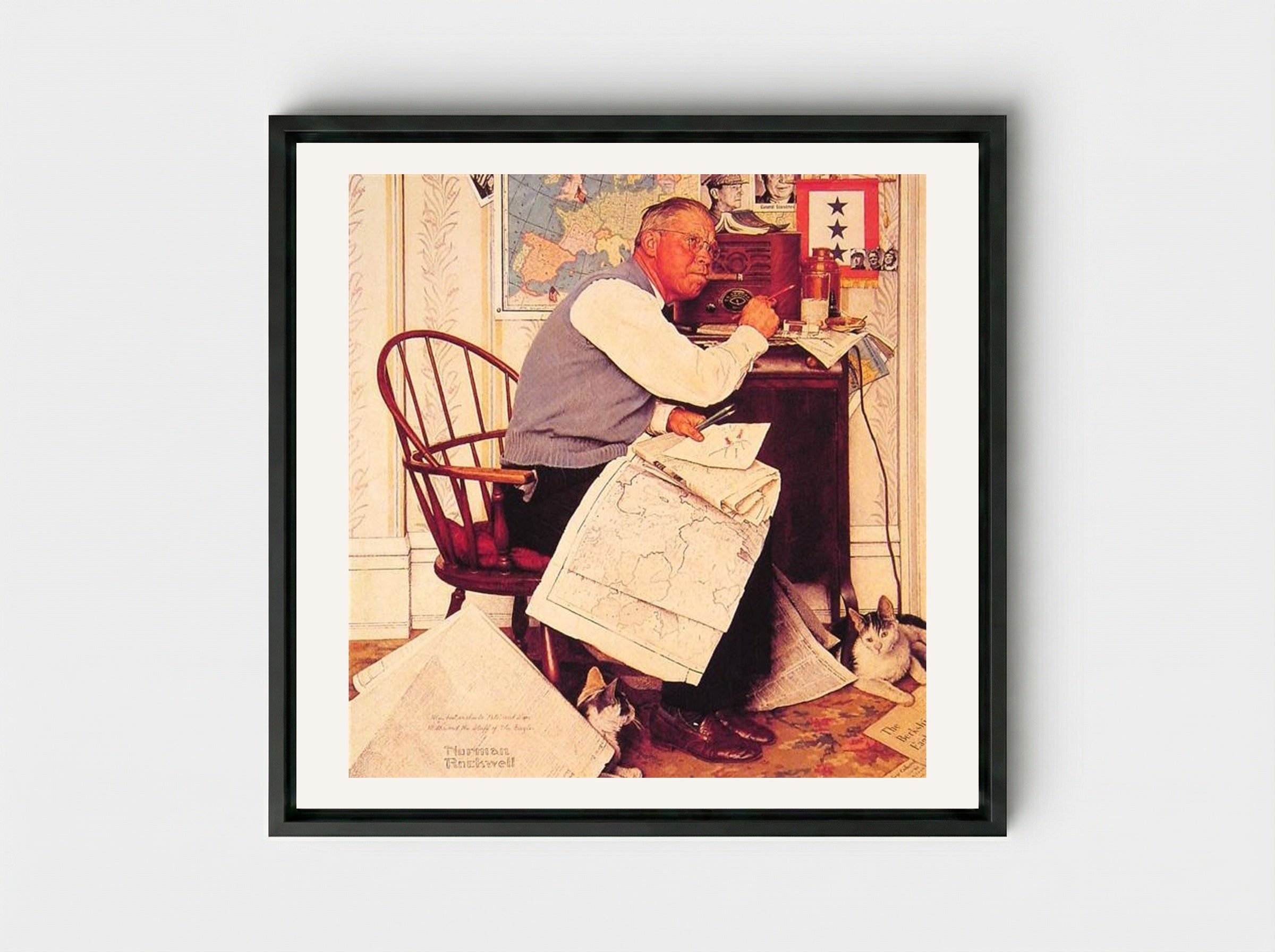 Man Charting War Maneuvers - Norman Rockwell - Framed Canvas Black