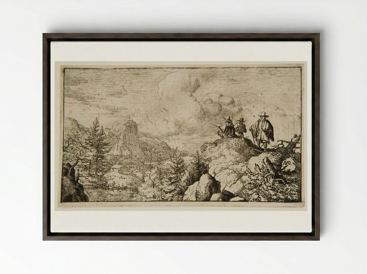 Watermill at the Foot of a Mountain, an Artist Sketching - Allart van Everdingen - Framed Canvas Dark Wood
