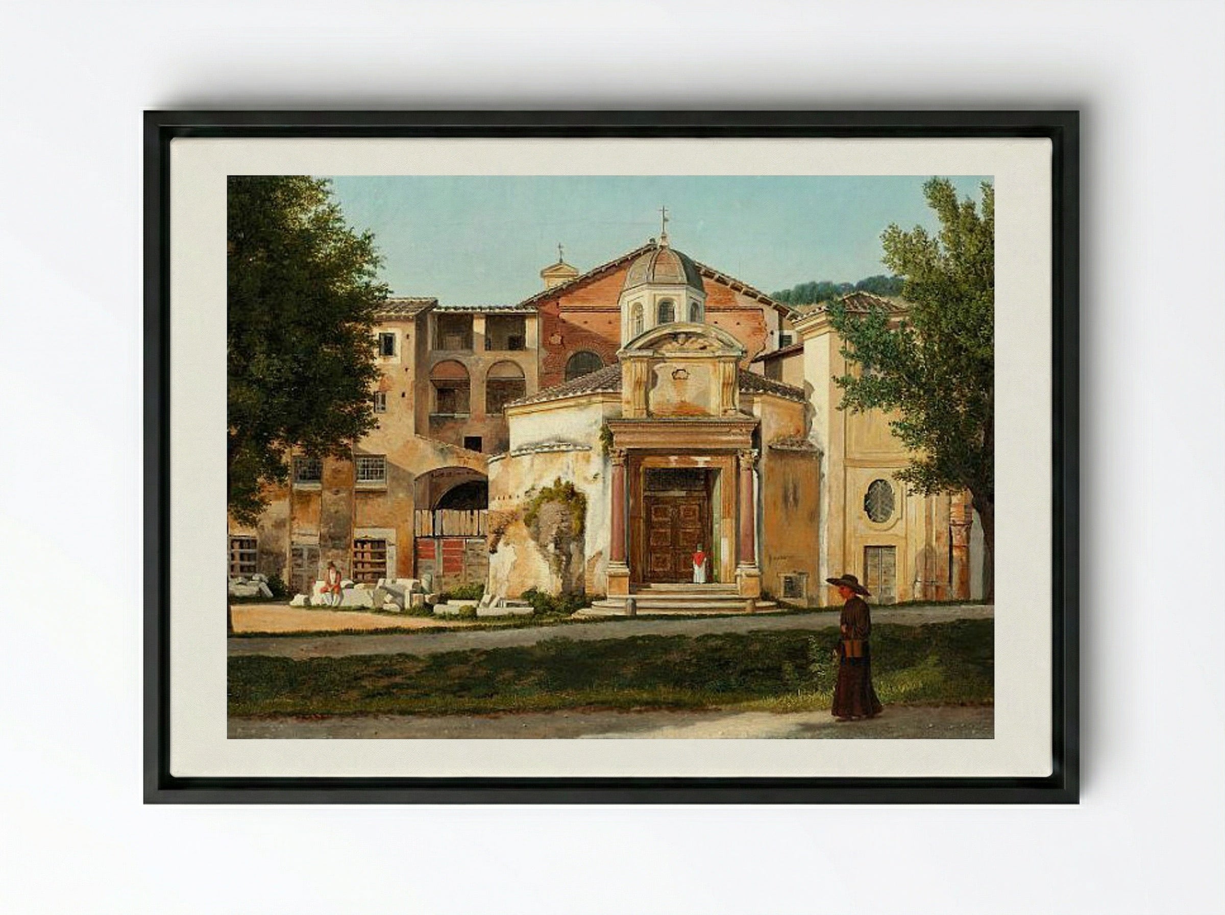 A Section of the Via Sacra, Rome (The Church of Saints Cosmas and Damian) - Christoffer Wilhelm Eckersberg - Framed Canvas Black