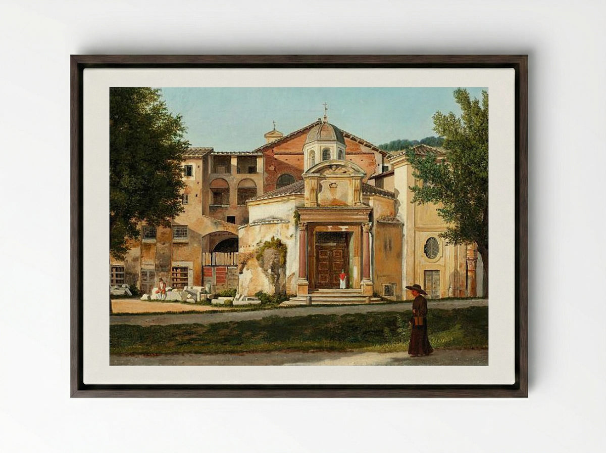 A Section of the Via Sacra, Rome (The Church of Saints Cosmas and Damian) - Christoffer Wilhelm Eckersberg - Framed Canvas Dark Wood