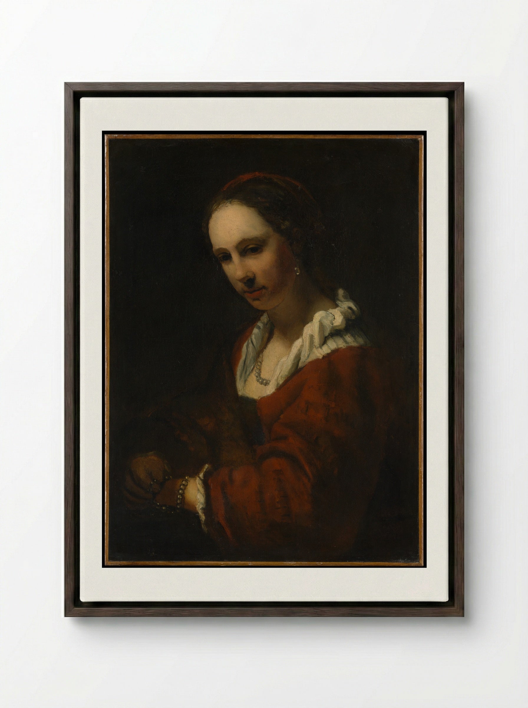 Young Woman with a Pearl Necklace - Willem Drost - Framed Canvas Dark Wood