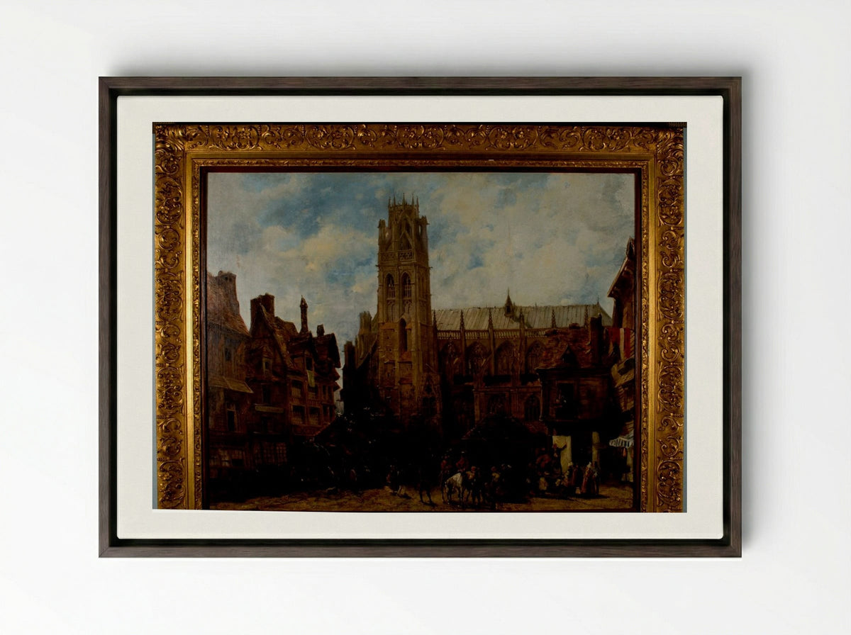 Cathedral of Notre Dame and Market Place at Caudebec-en-Caux - Richard Parkes Bonington - Framed Canvas Dark Wood