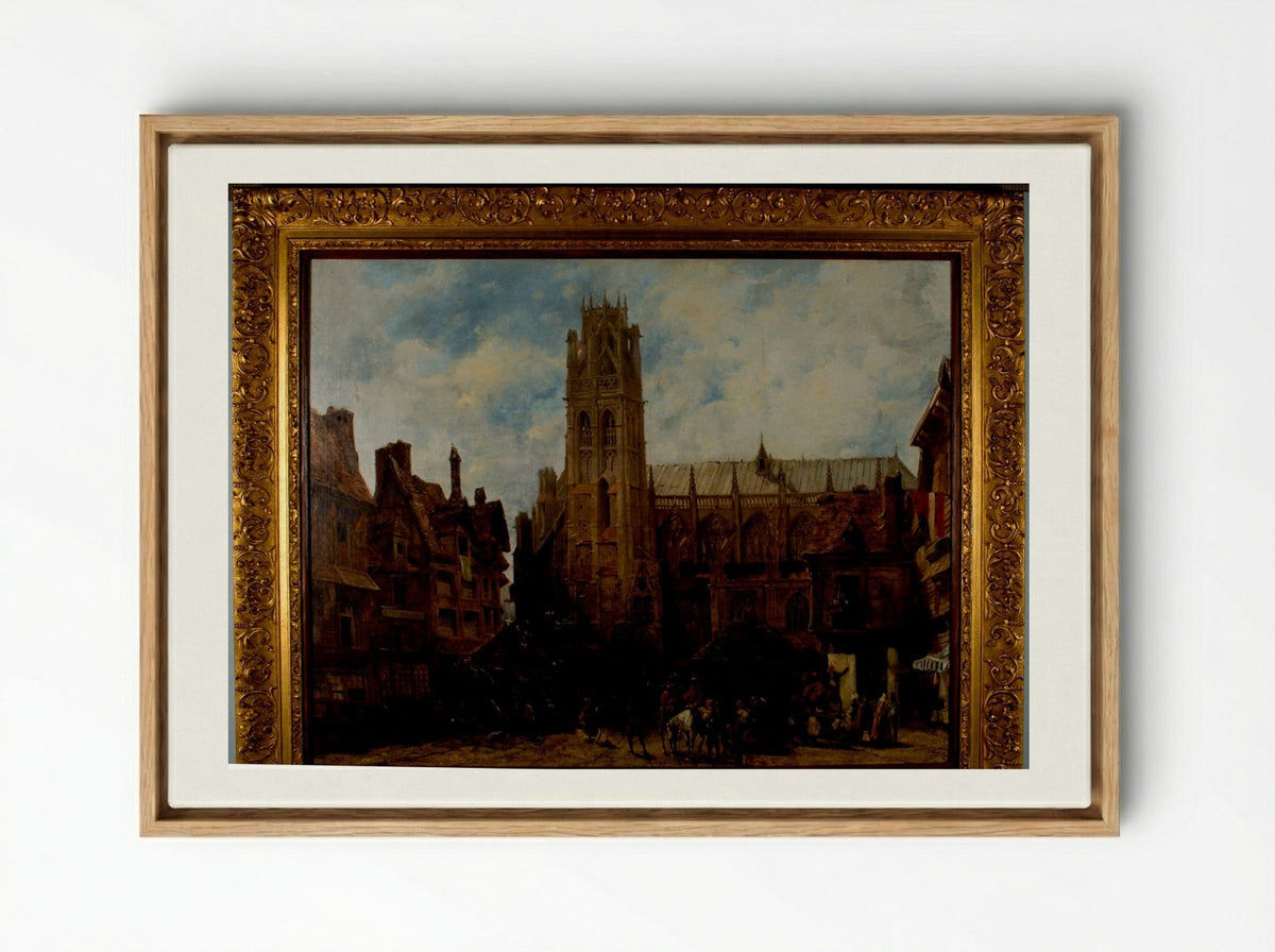 Cathedral of Notre Dame and Market Place at Caudebec-en-Caux - Richard Parkes Bonington - Framed Canvas Wood