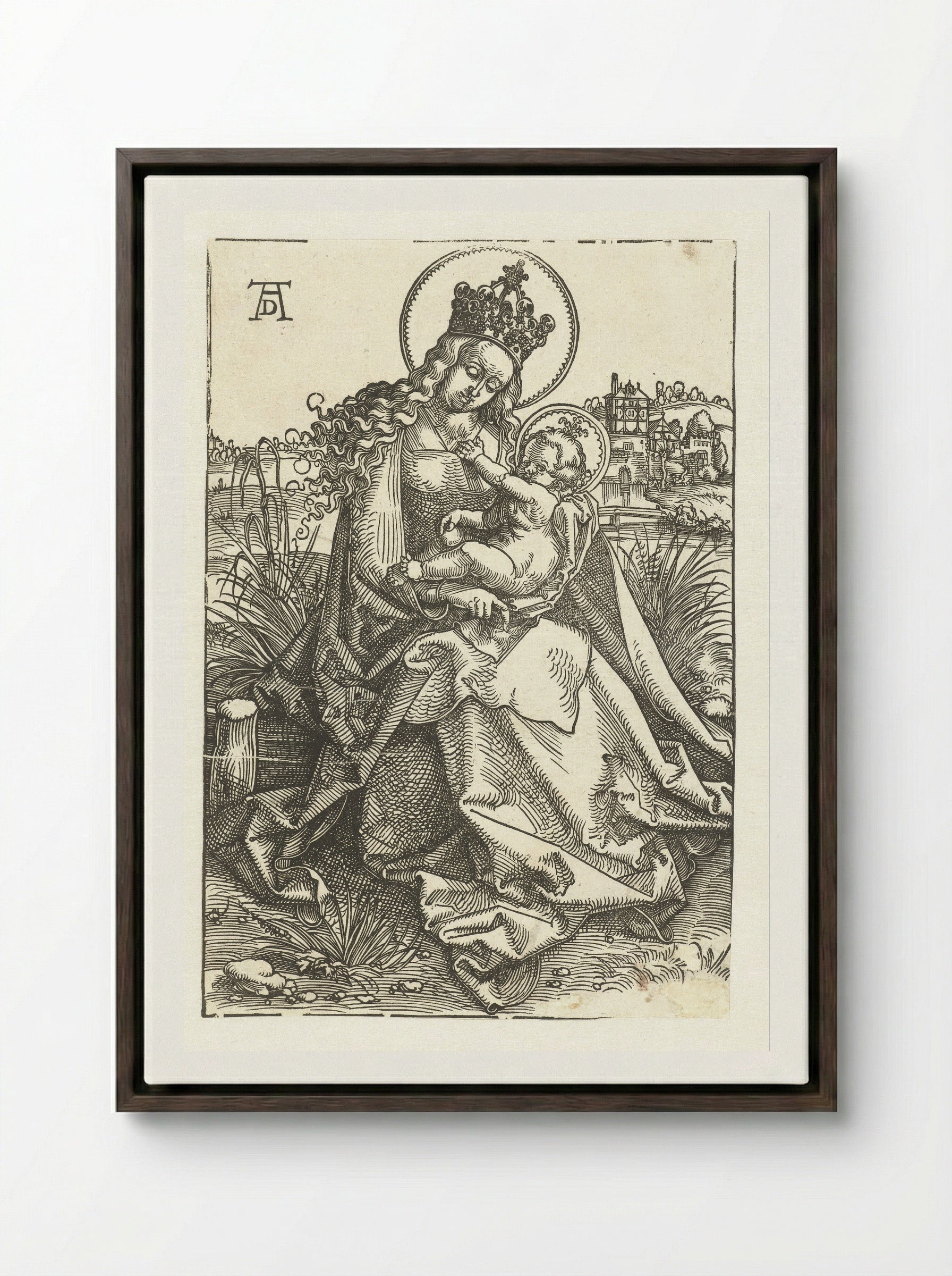 Virgin and Child in a Landscape - Hans Baldung Grien - Framed Canvas Dark Wood