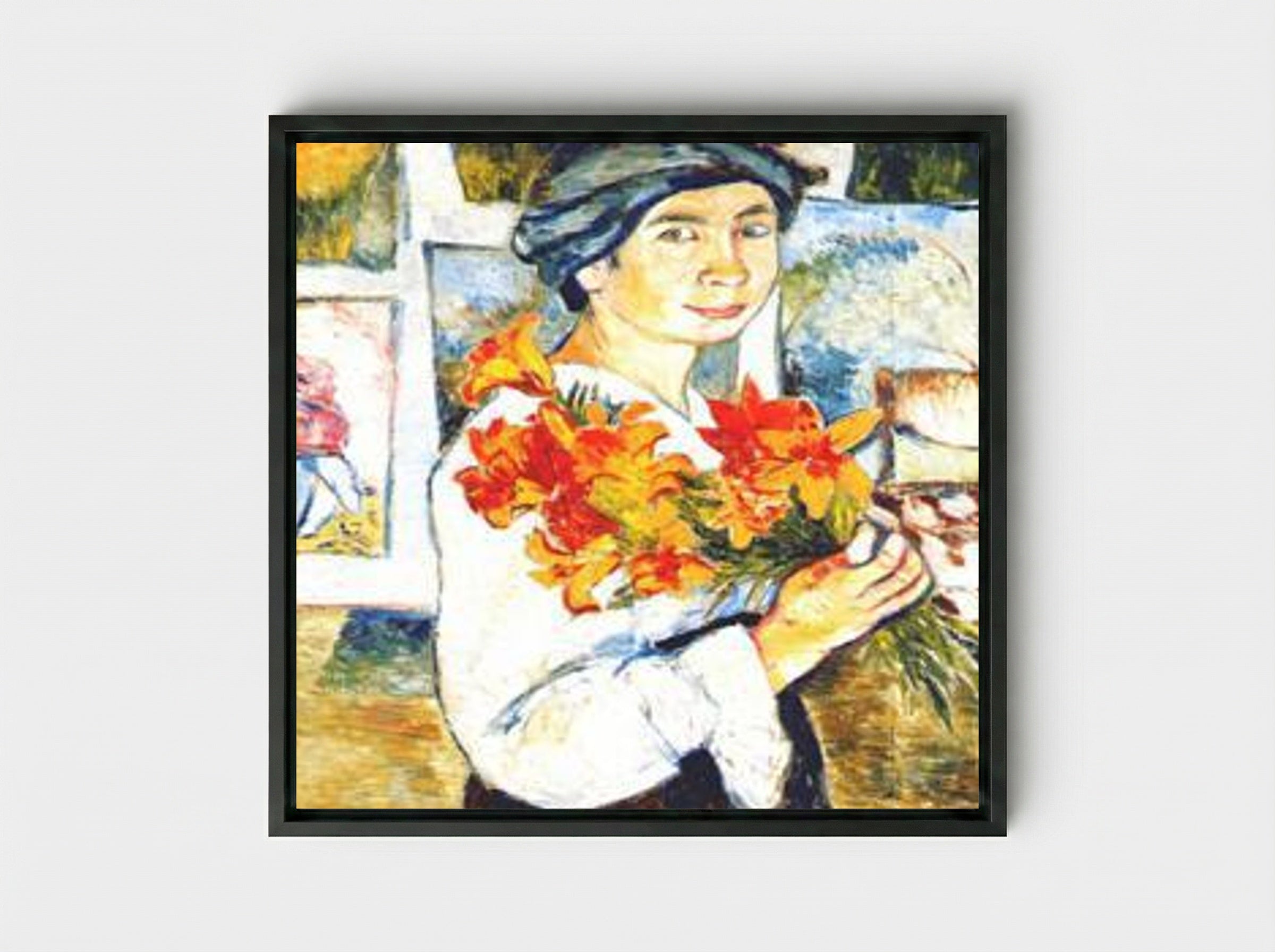 Self-portrait with yellow lilies - Natalia Goncharova - Framed Canvas Black