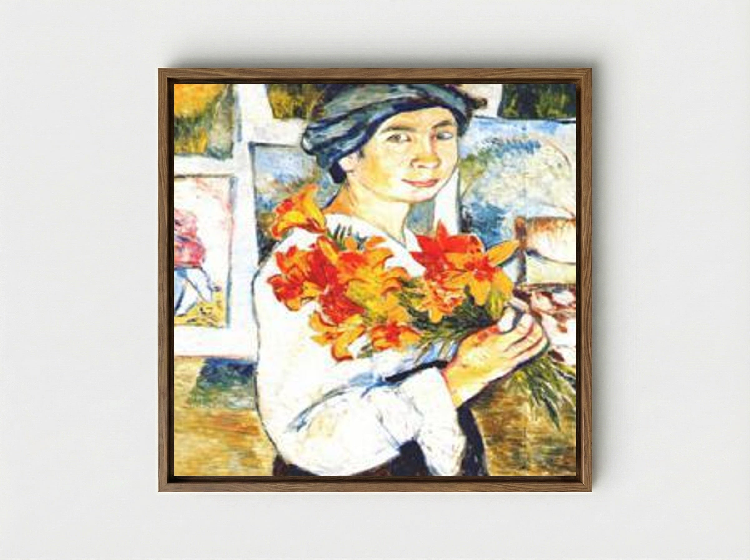 Self-portrait with yellow lilies - Natalia Goncharova - Framed Canvas Wood