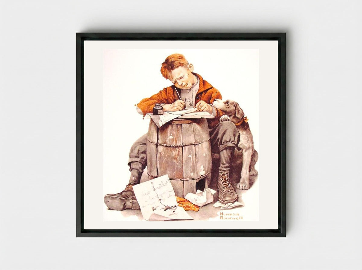 Boy Writing Letter - Norman Rockwell - Framed Canvas Black