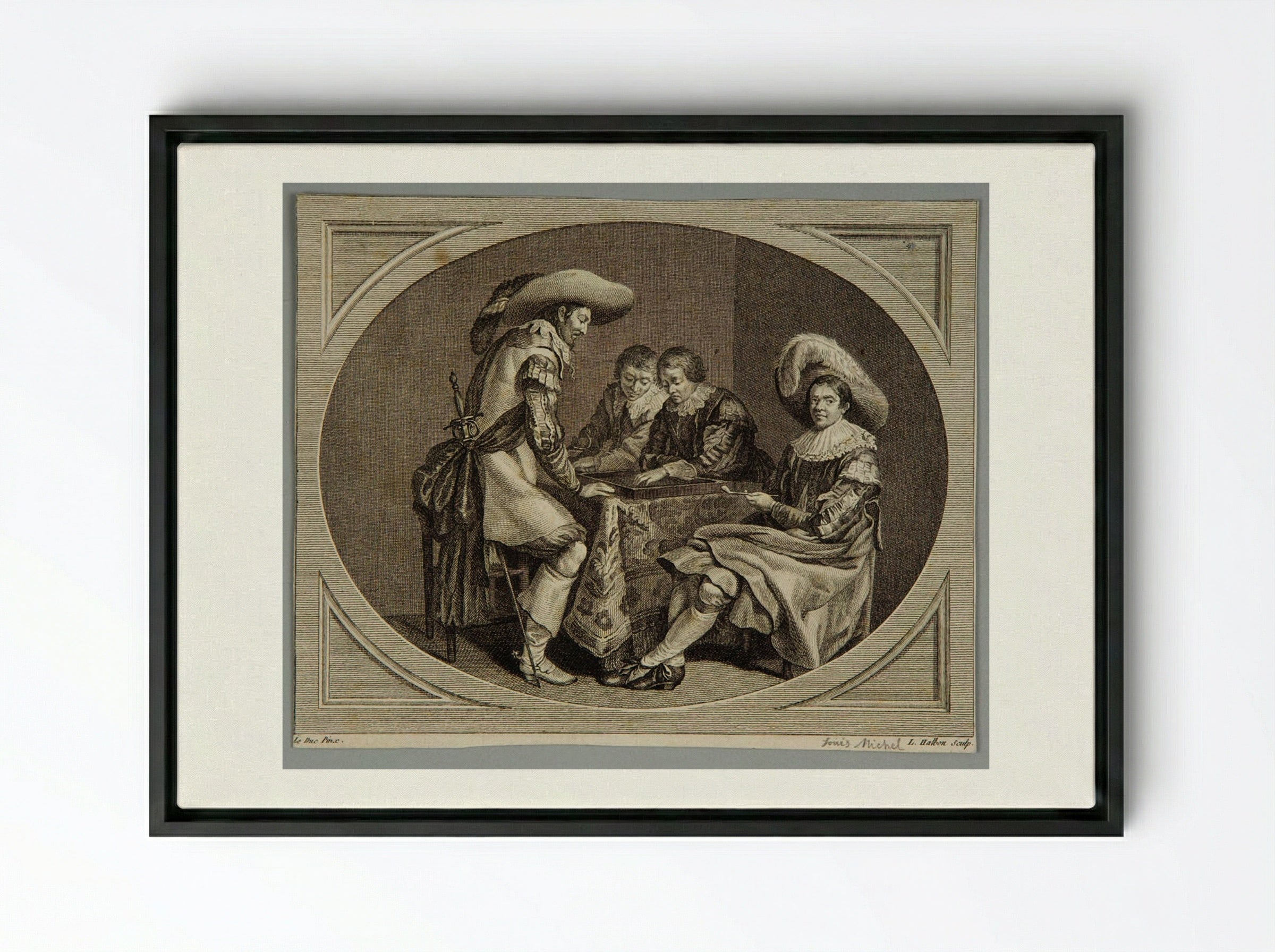 Officers Playing Backgammon - Louis Michel Halbou - Framed Canvas Black
