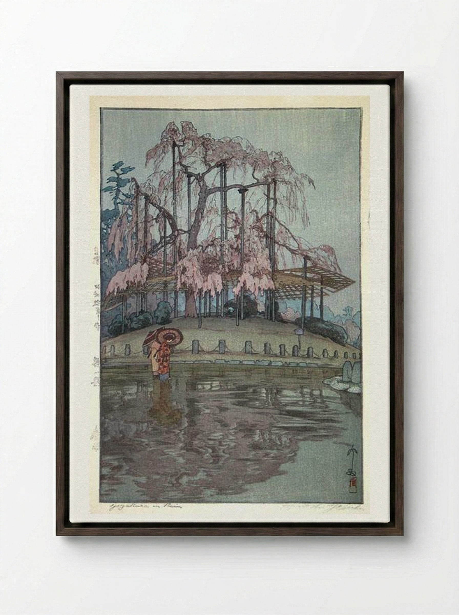 Yozakura in Rain - Hiroshi Yoshida - Framed Canvas Dark Wood