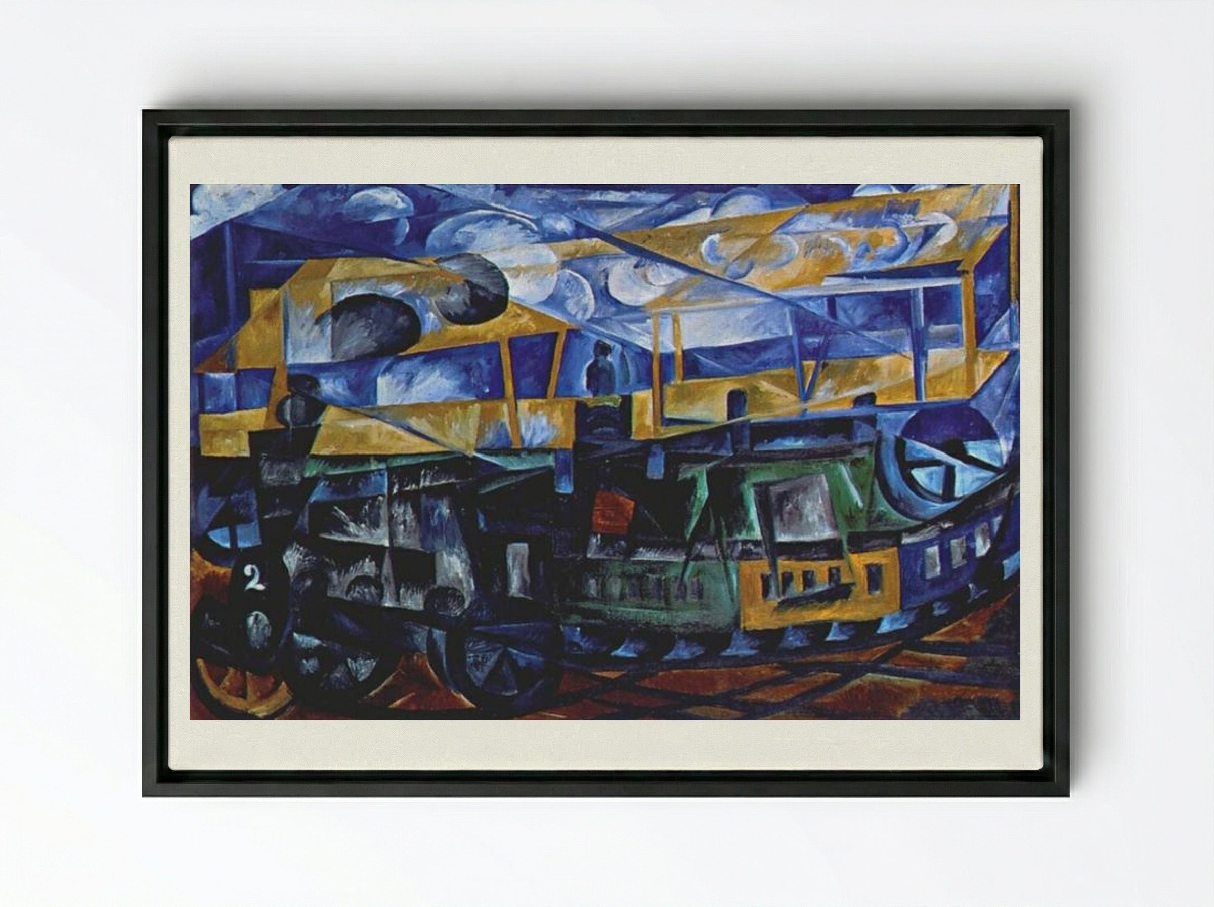 Airplane over train - Natalia Goncharova - Framed Canvas Black