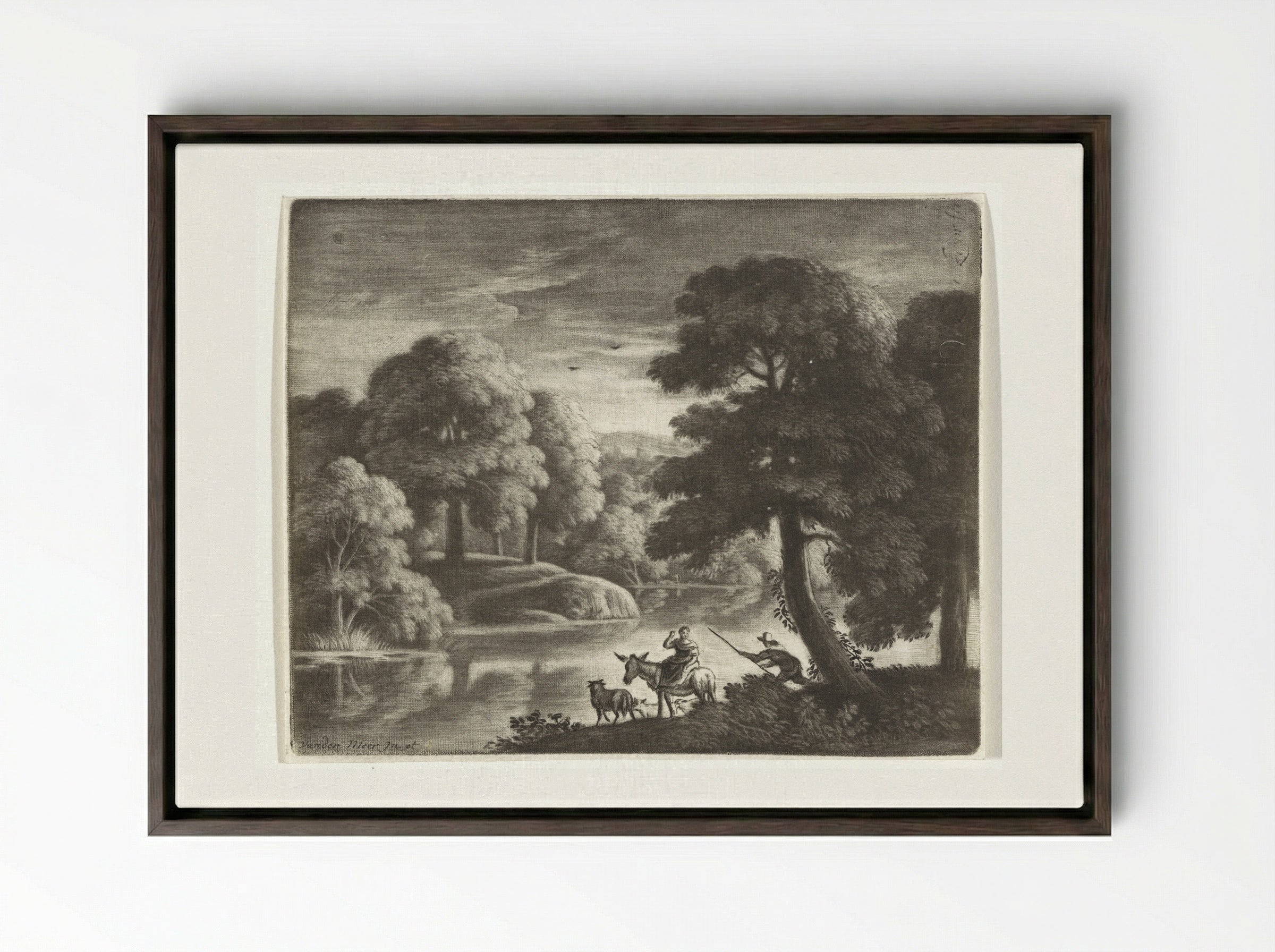 Landschap met herder en herderin - Pieter Louw - Framed Canvas Dark Wood